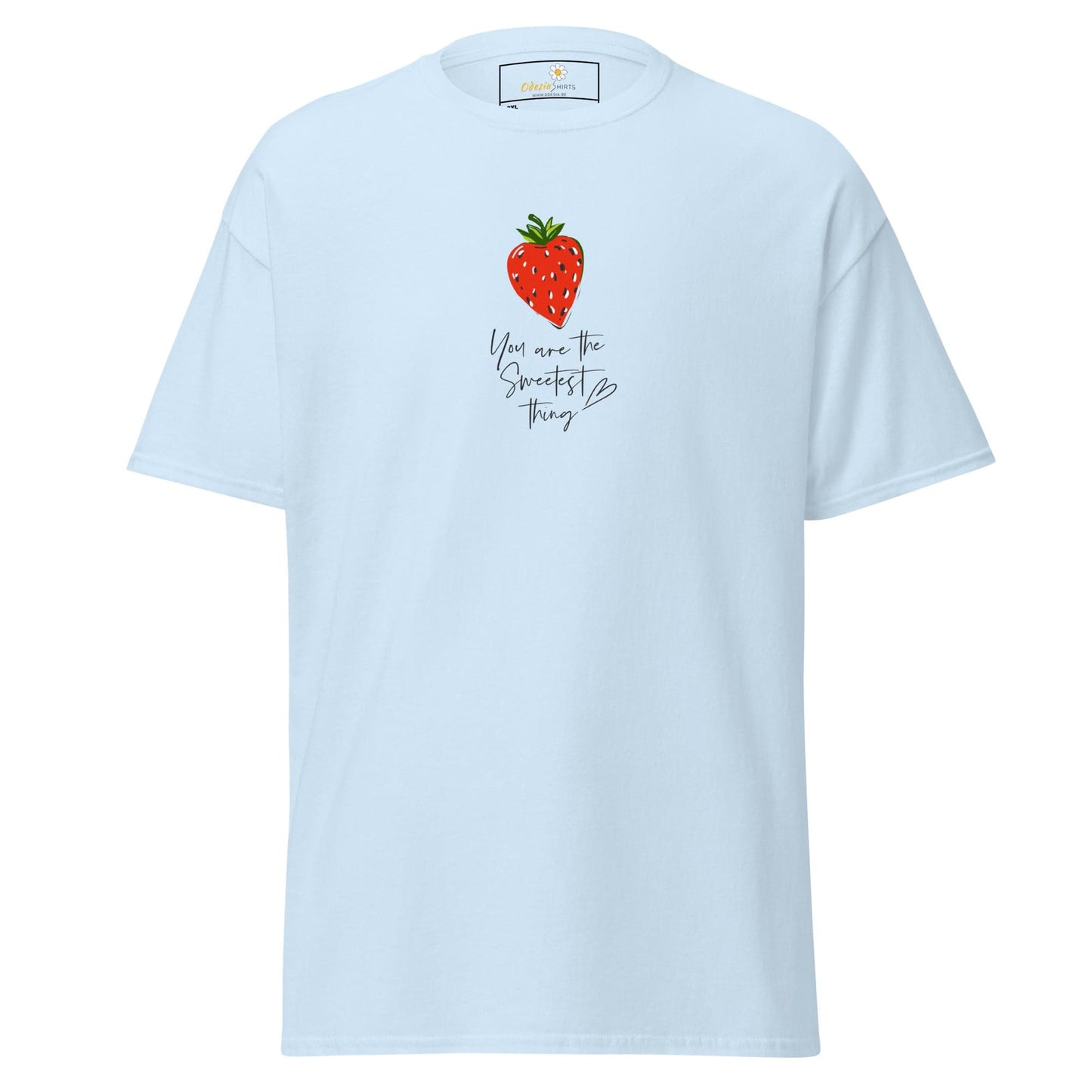 Light blue t-shirt with strawberry design.