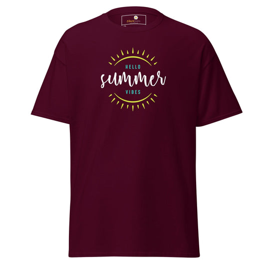 Maroon t-shirt with ’hello summer vibes’ graphic.
