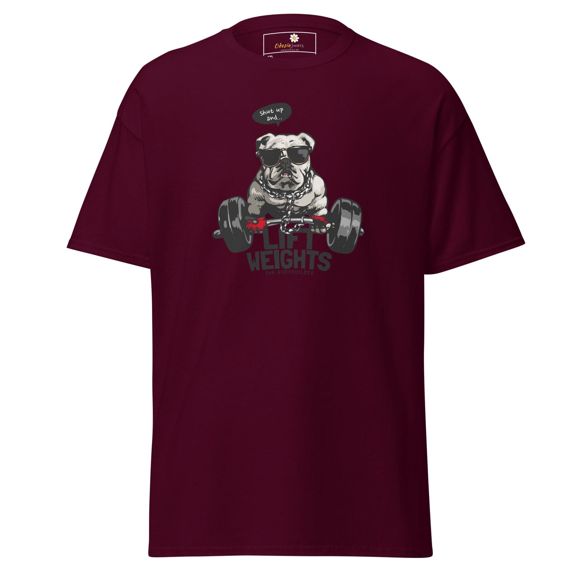 Maroon t-shirt with bulldog weightlifter graphic.