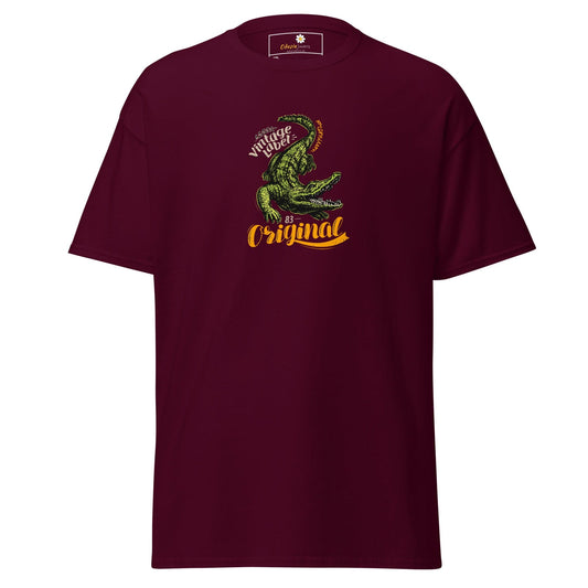 Maroon t-shirt with crocodile graphic.