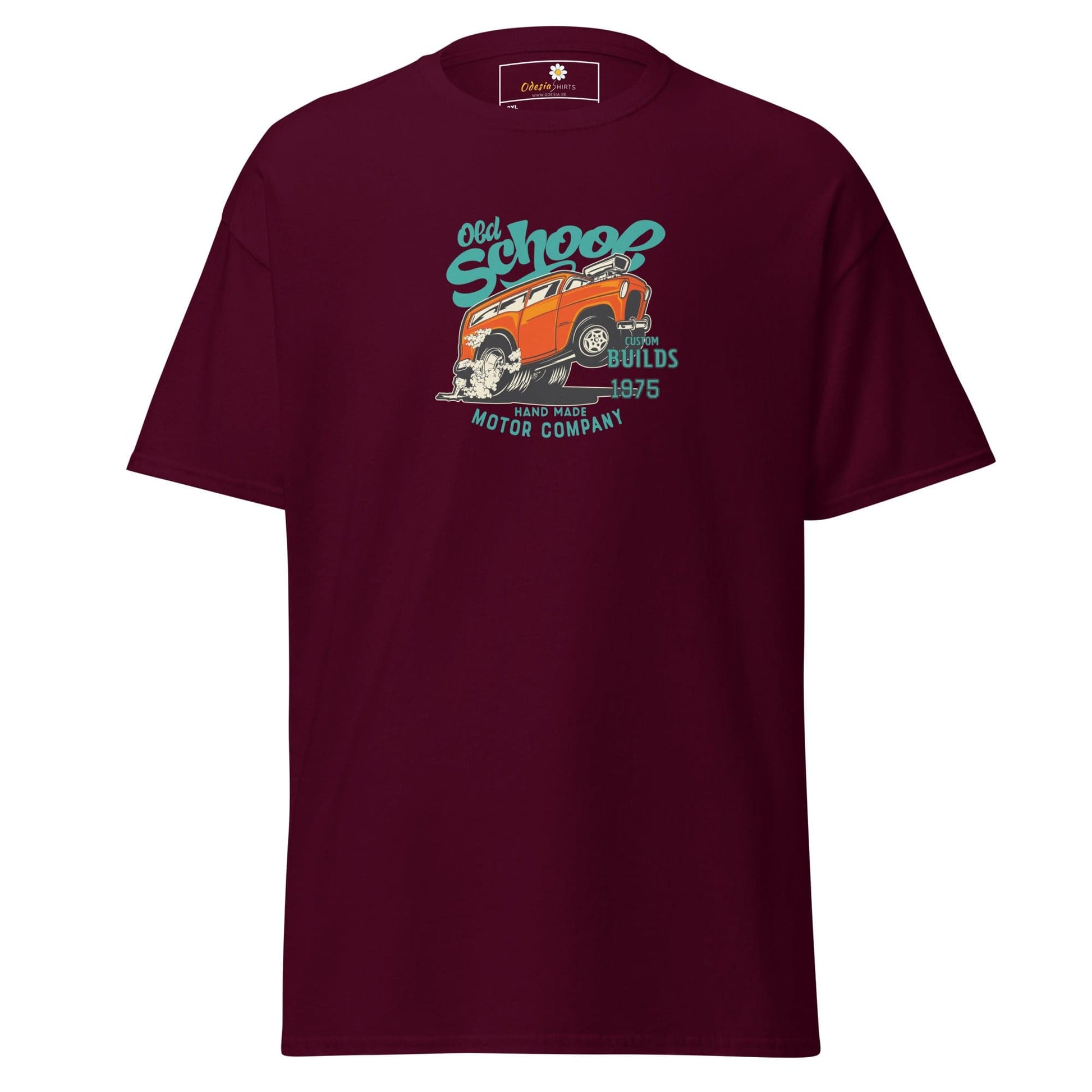 Maroon t-shirt with car graphic.