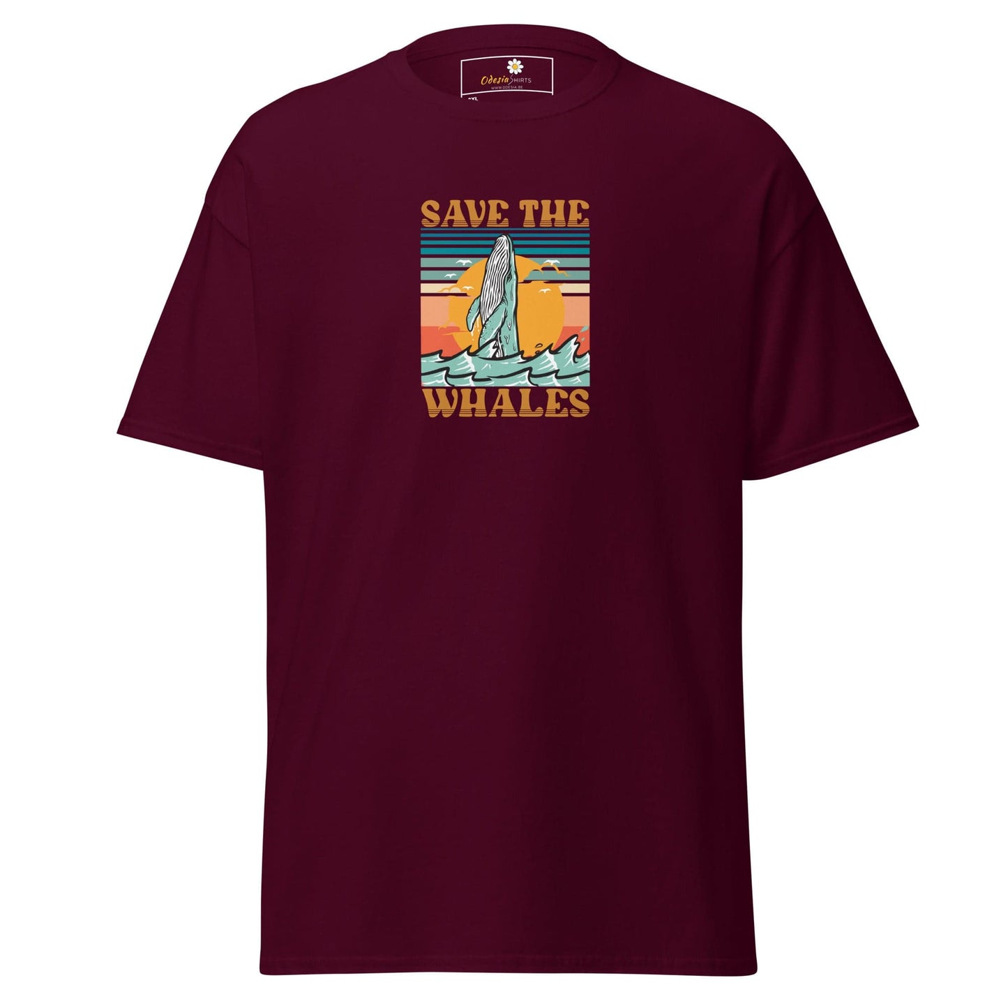 Maroon T-shirt with whale graphic from T-SHIRT DESIGN TEE for Men and Women in 2XL-5XL