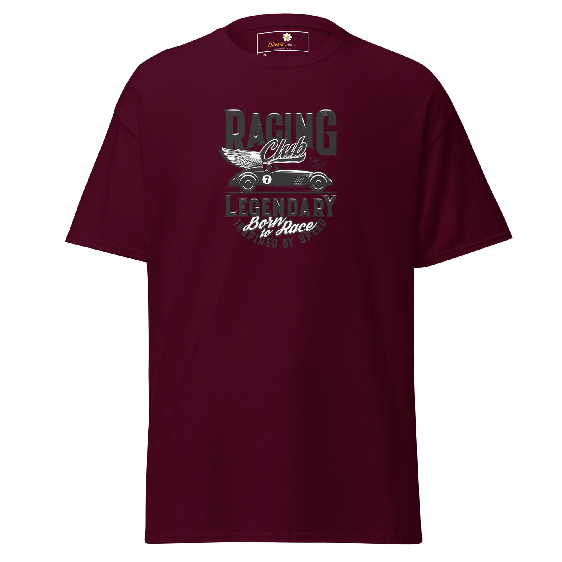 Maroon t-shirt with racing graphic.