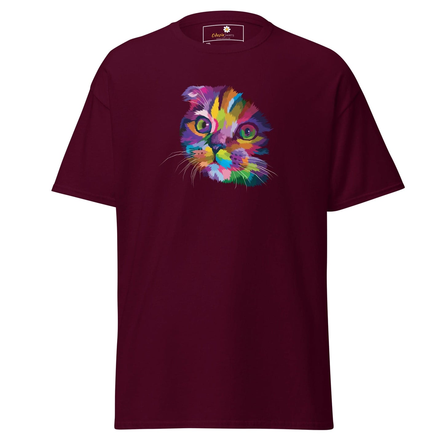 Maroon T-shirt with colorful cat graphic, suitable for men and women in XXL to 5XL sizes