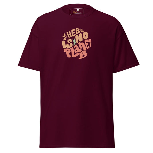 Maroon t-shirt with ’There is no planet B’ graphic.