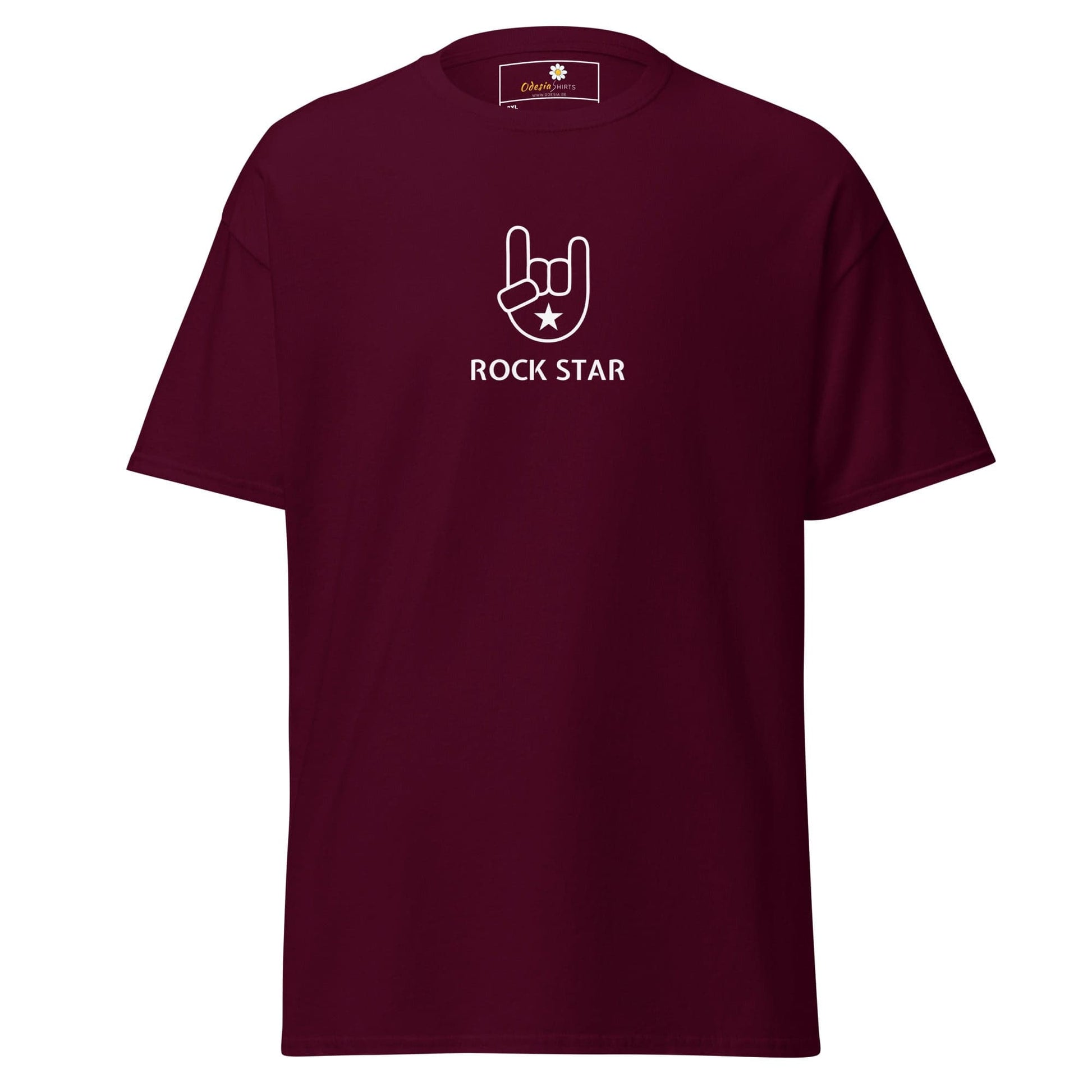 Maroon t-shirt with ’Rock Star’ graphic.