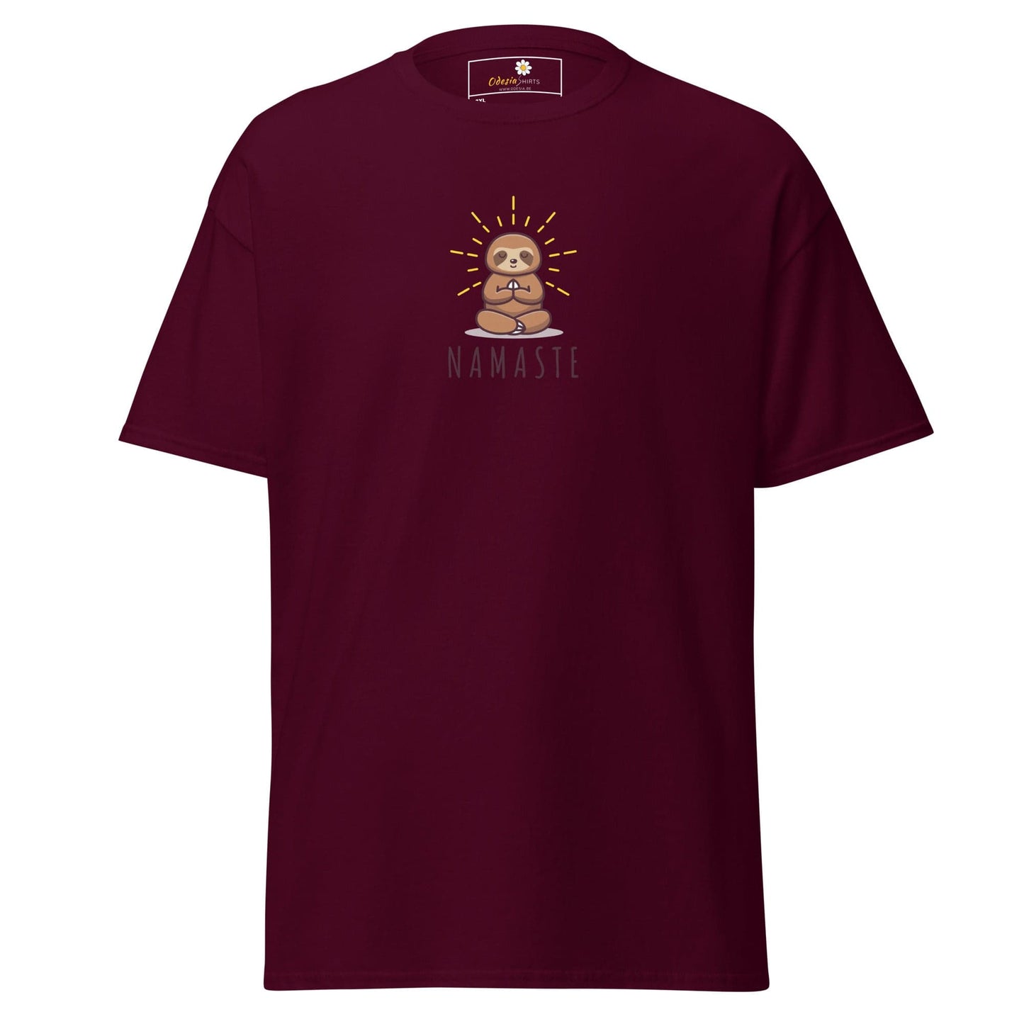 Maroon t-shirt with sloth design.