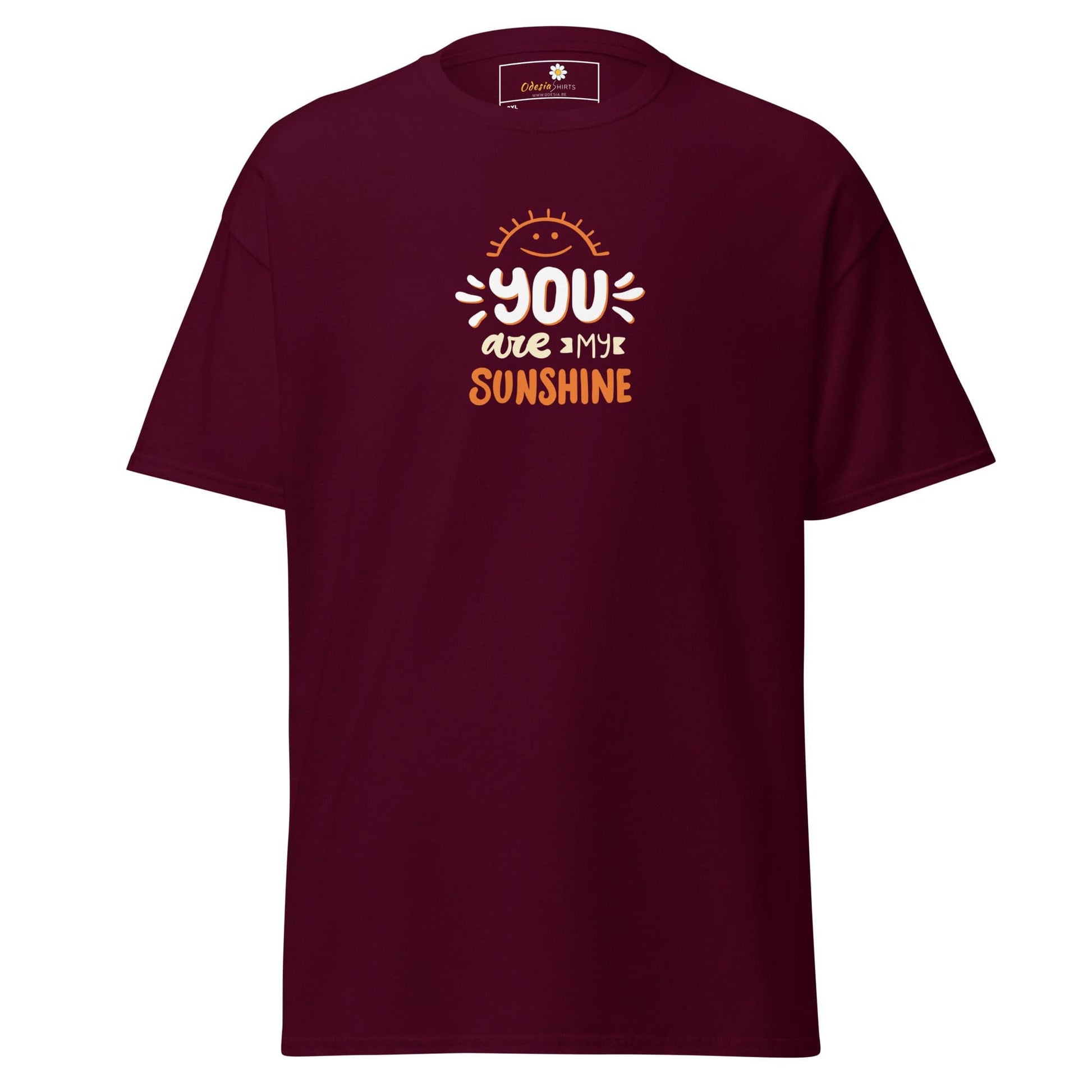 Maroon T-shirt with You are my sunshine graphic, available for men and women in 2XL-5XL