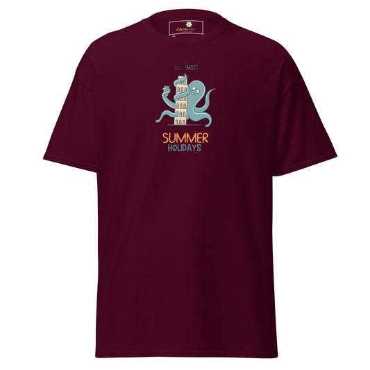 Maroon t-shirt with octopus and leaning tower graphic.