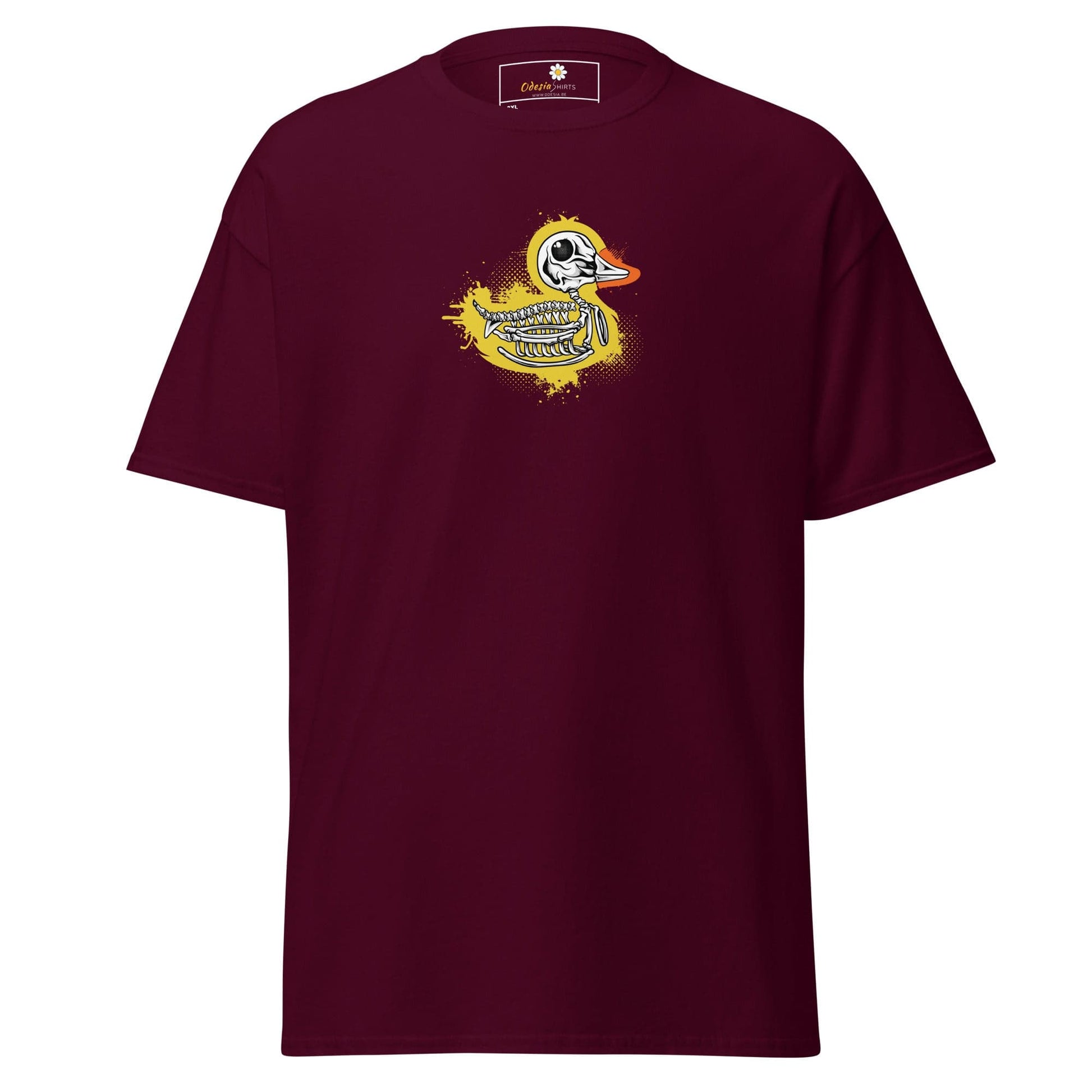 Maroon T-shirt with duck skeleton graphic from T-SHIRT DESIGN TEE for Men and Women