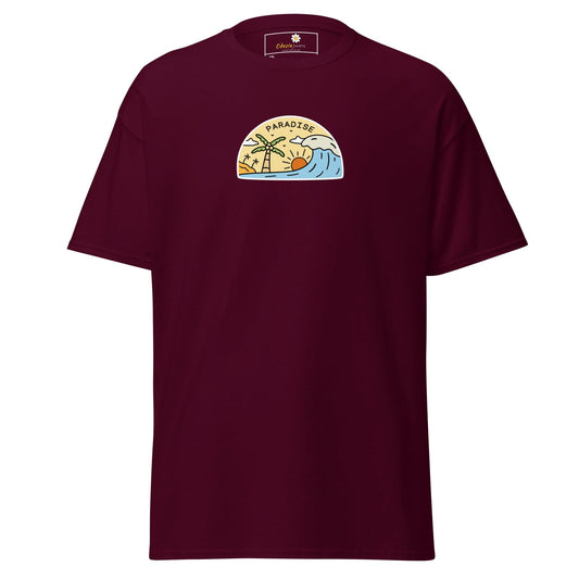 Maroon t-shirt with paradise graphic.