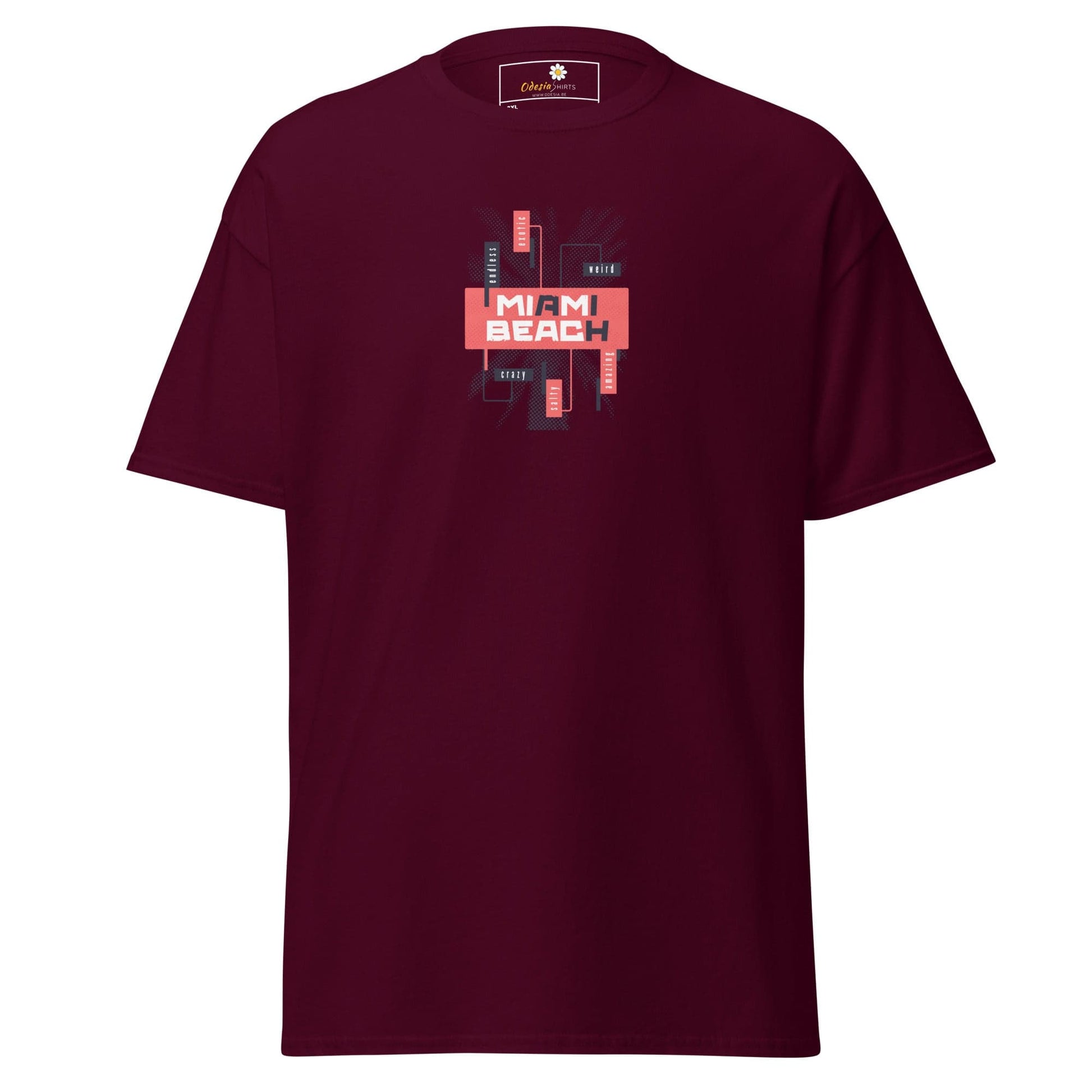 Maroon T-shirt with Miami Beach graphic, available in 2XL to 5XL sizes for men and women