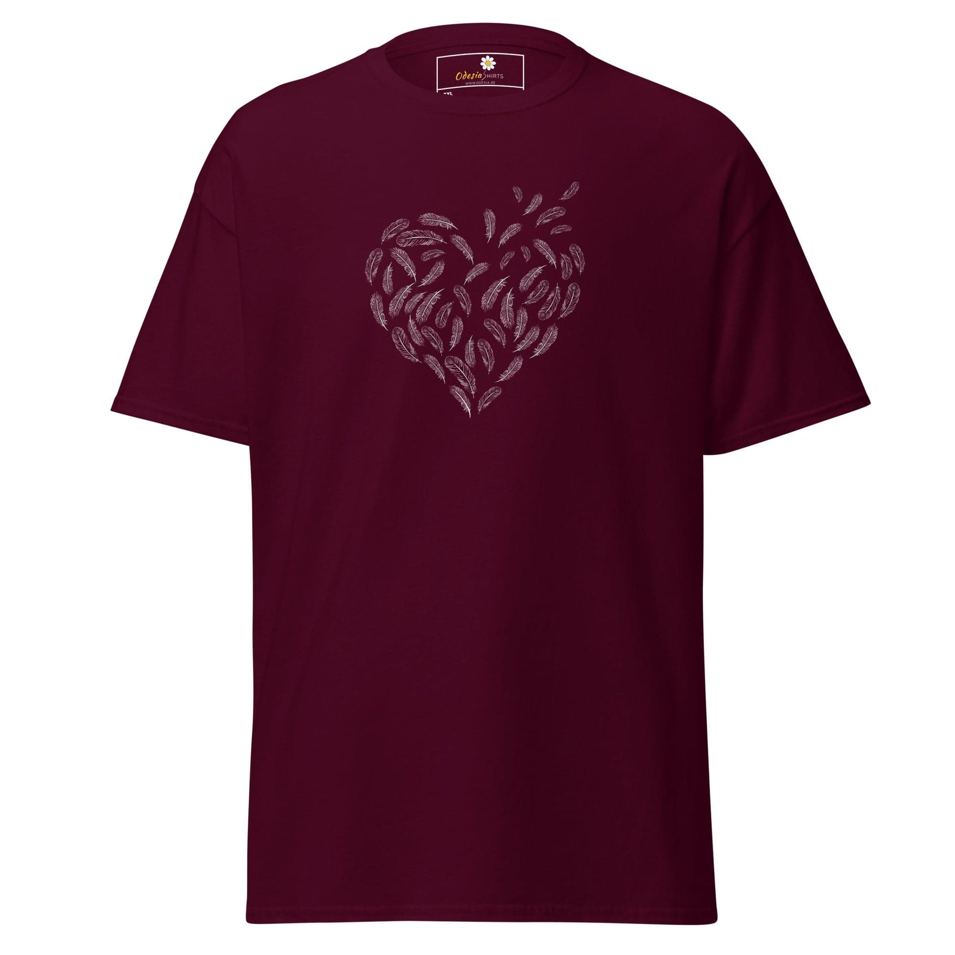 Maroon t-shirt with feather heart design for Men and Women in 2XL to 5XL sizes