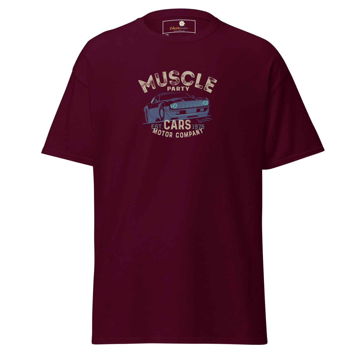 Maroon t-shirt with car graphic.