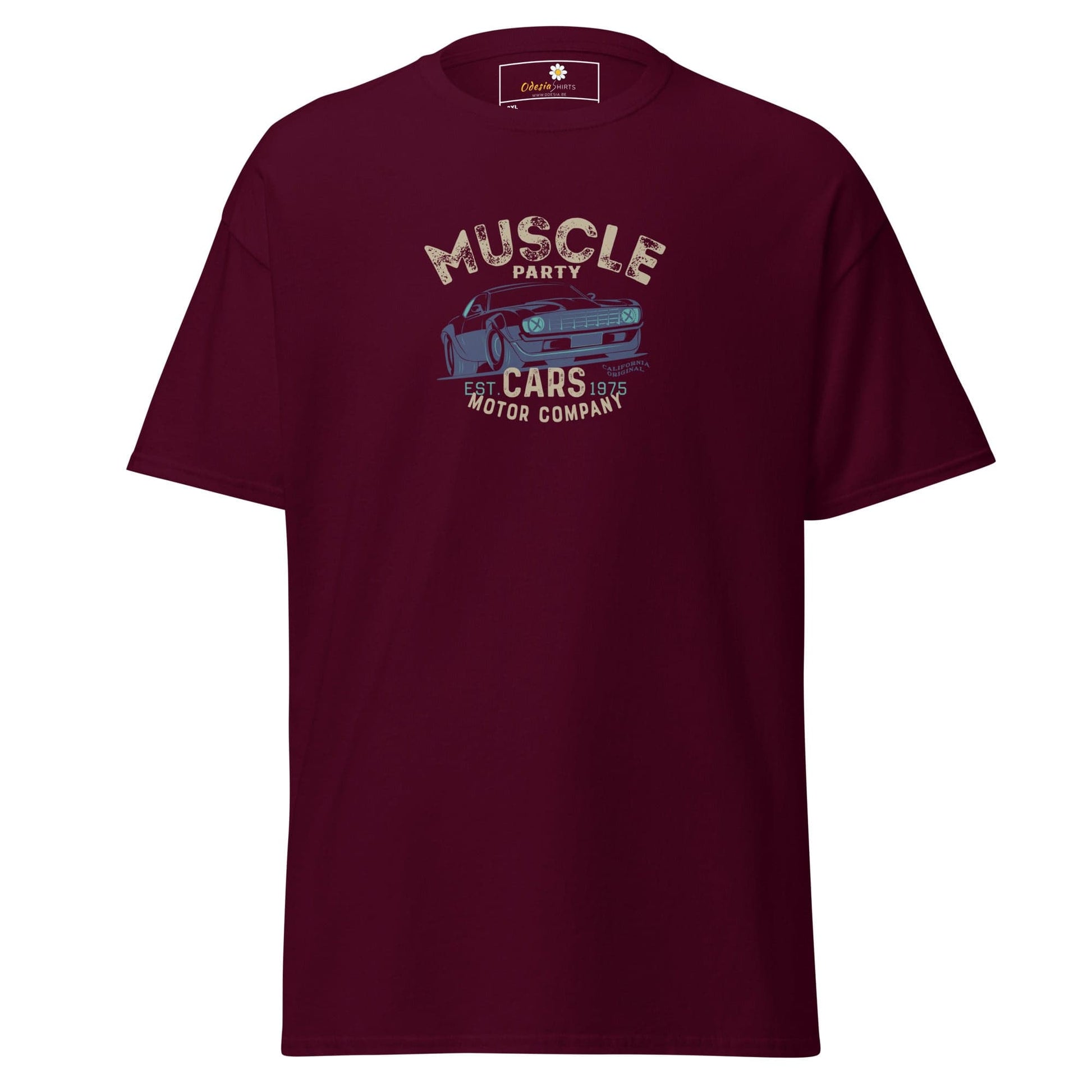Maroon t-shirt with car graphic.