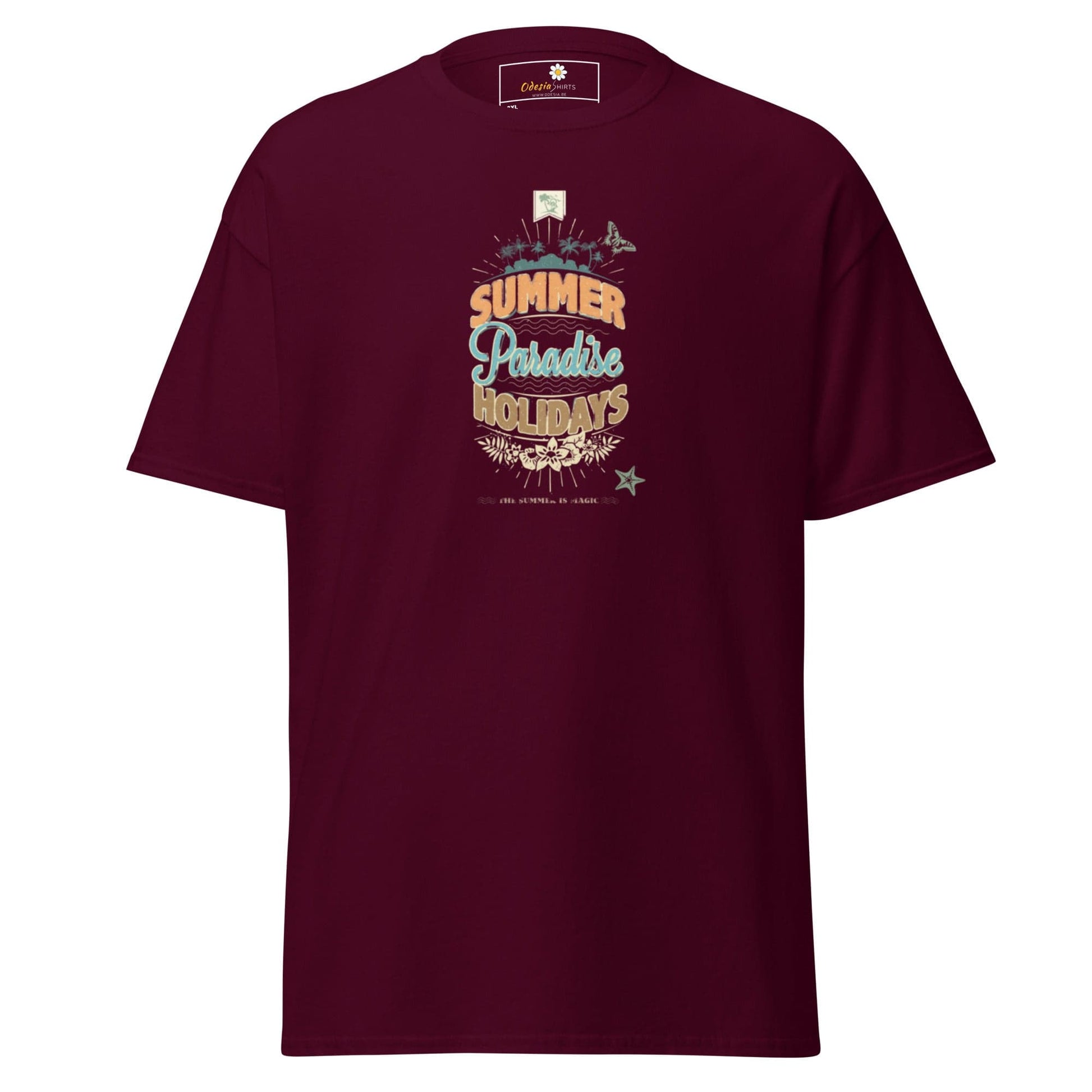 Maroon t-shirt with a summer-themed graphic.