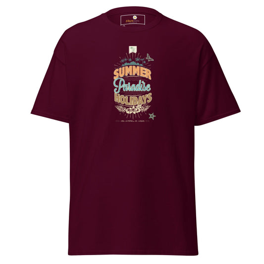 Maroon t-shirt with a summer-themed graphic.