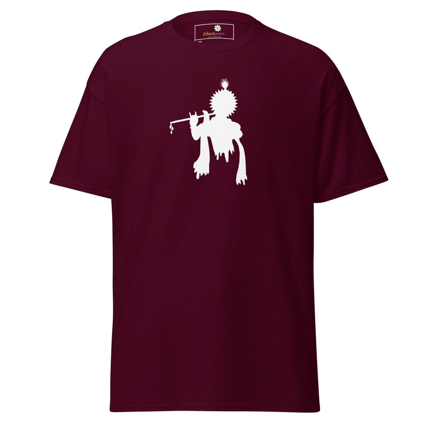 Maroon T-shirt with white Krishna silhouette for men and women in sizes 2XL to 5XL