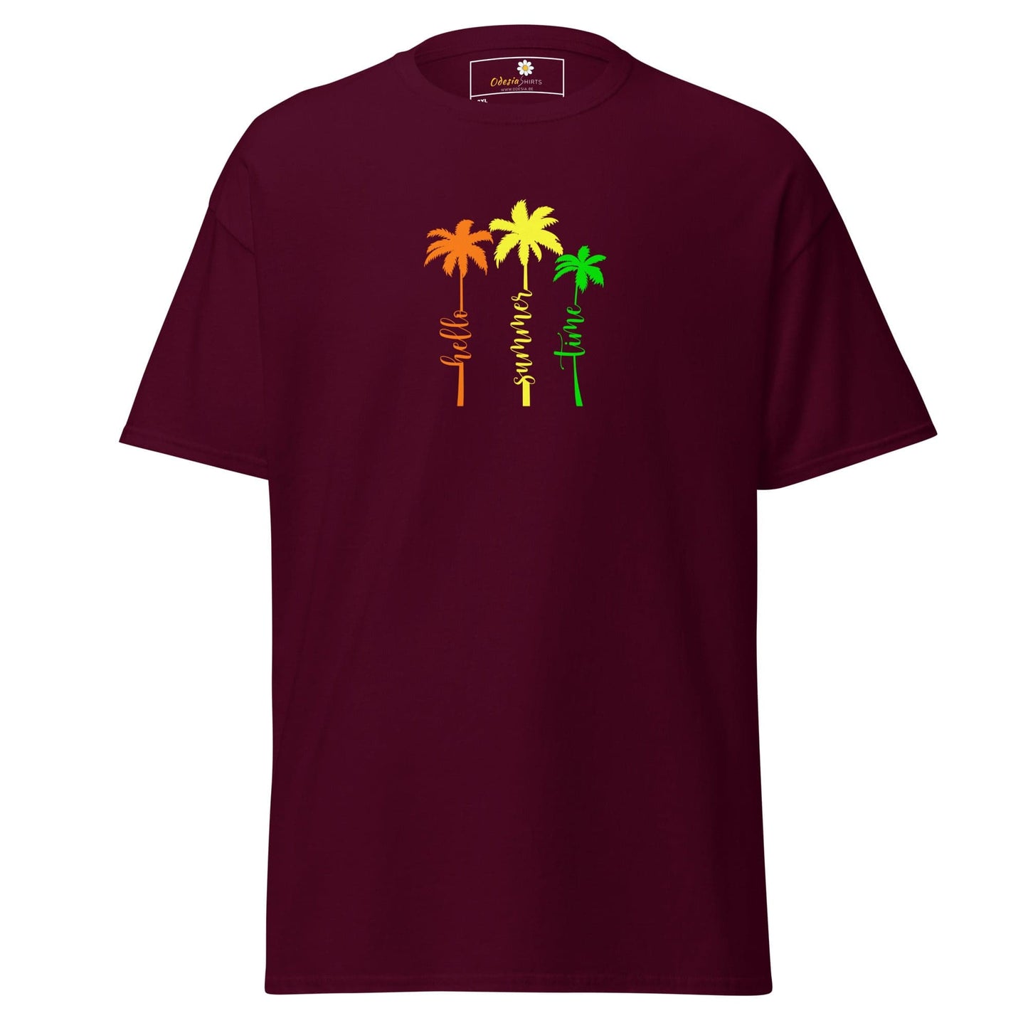 Maroon t-shirt with colorful palm tree design.