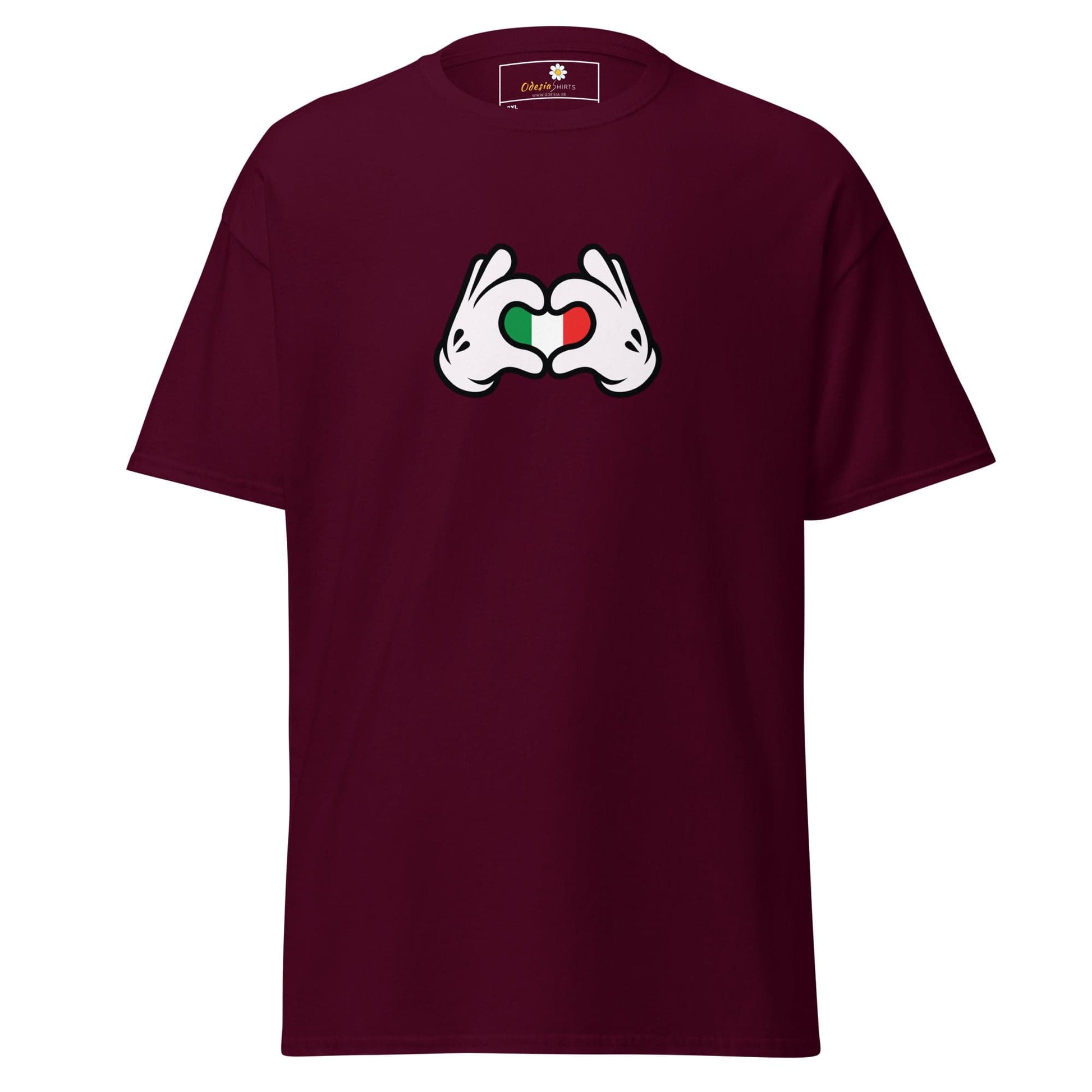 Maroon t-shirt with heart-shaped hands.