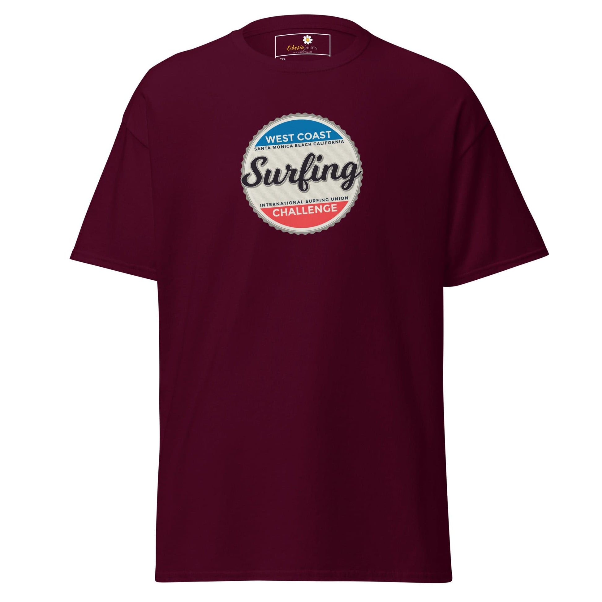 Maroon t-shirt with surfing graphic.