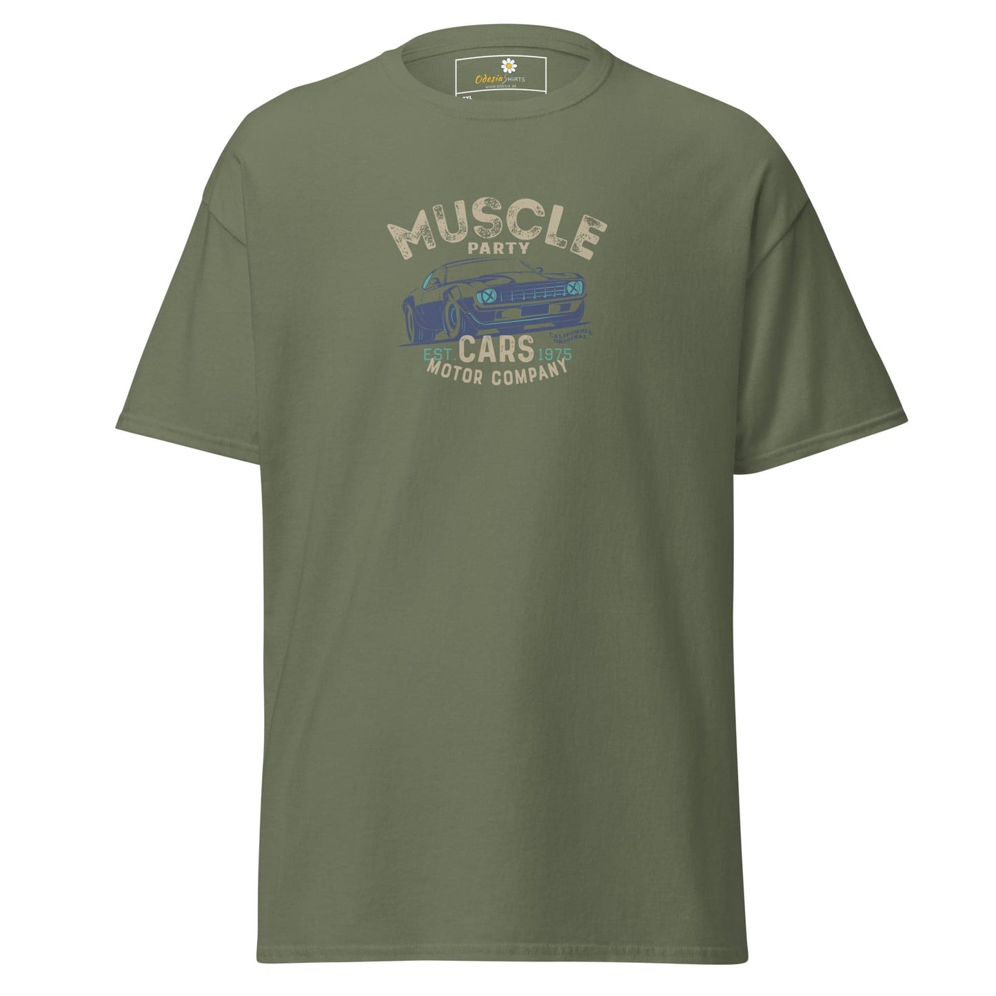 Olive green t-shirt with car graphic.