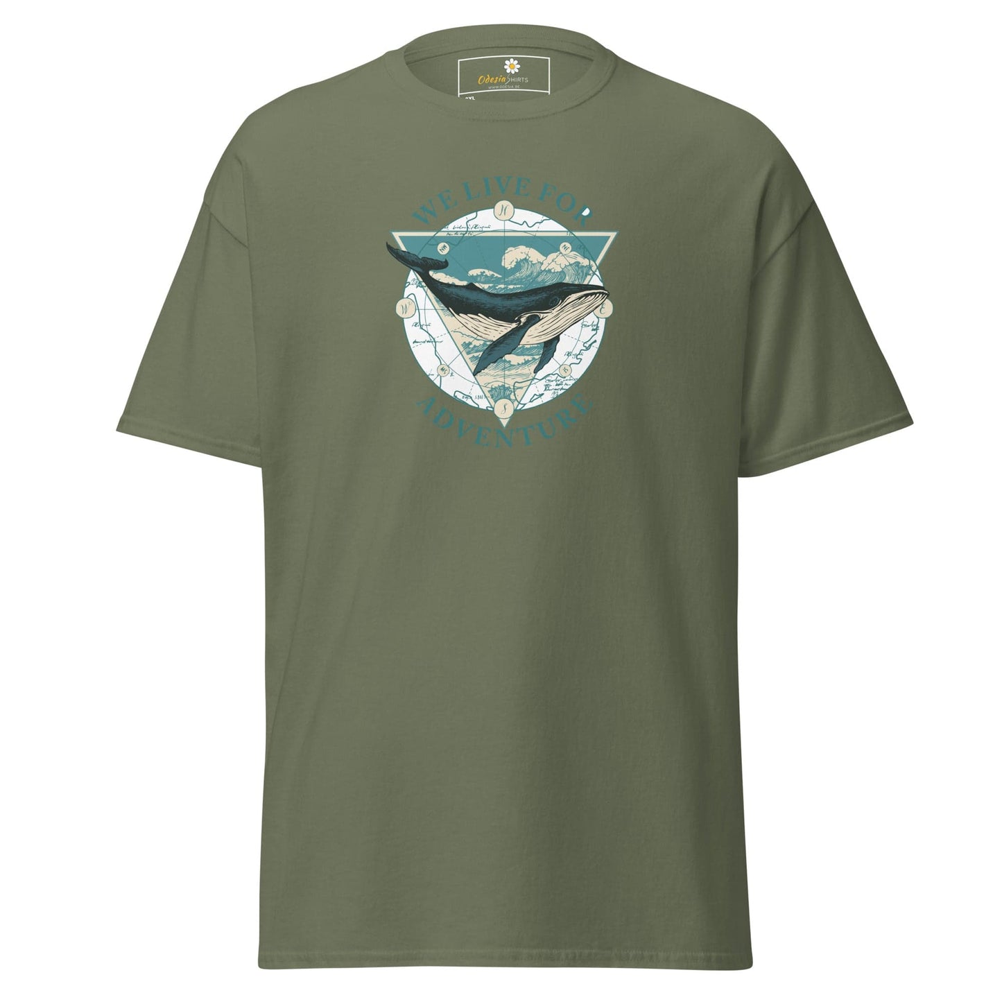 Olive green T-shirt with whale graphic for men and women in 2XL to 5XL sizes