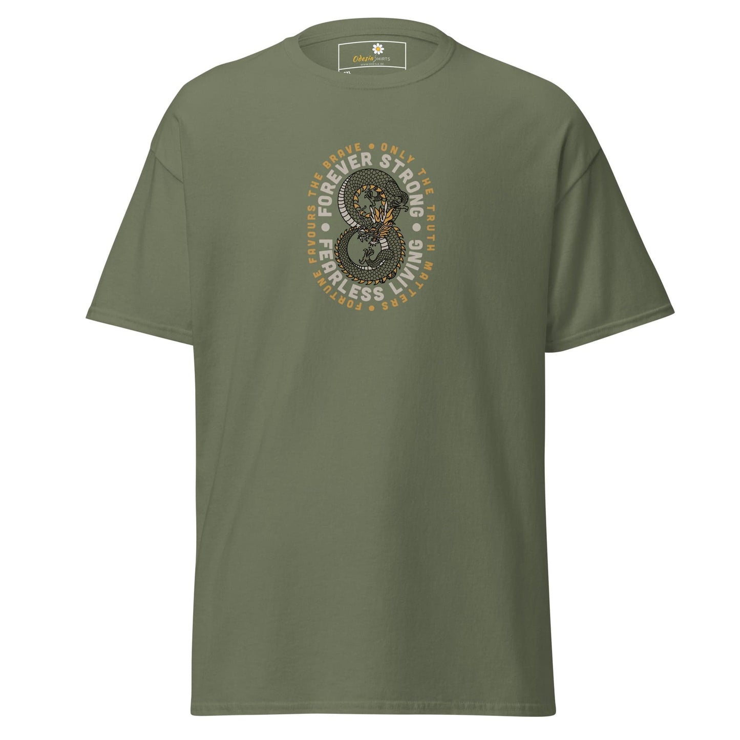 Olive green t-shirt with dragon graphic.