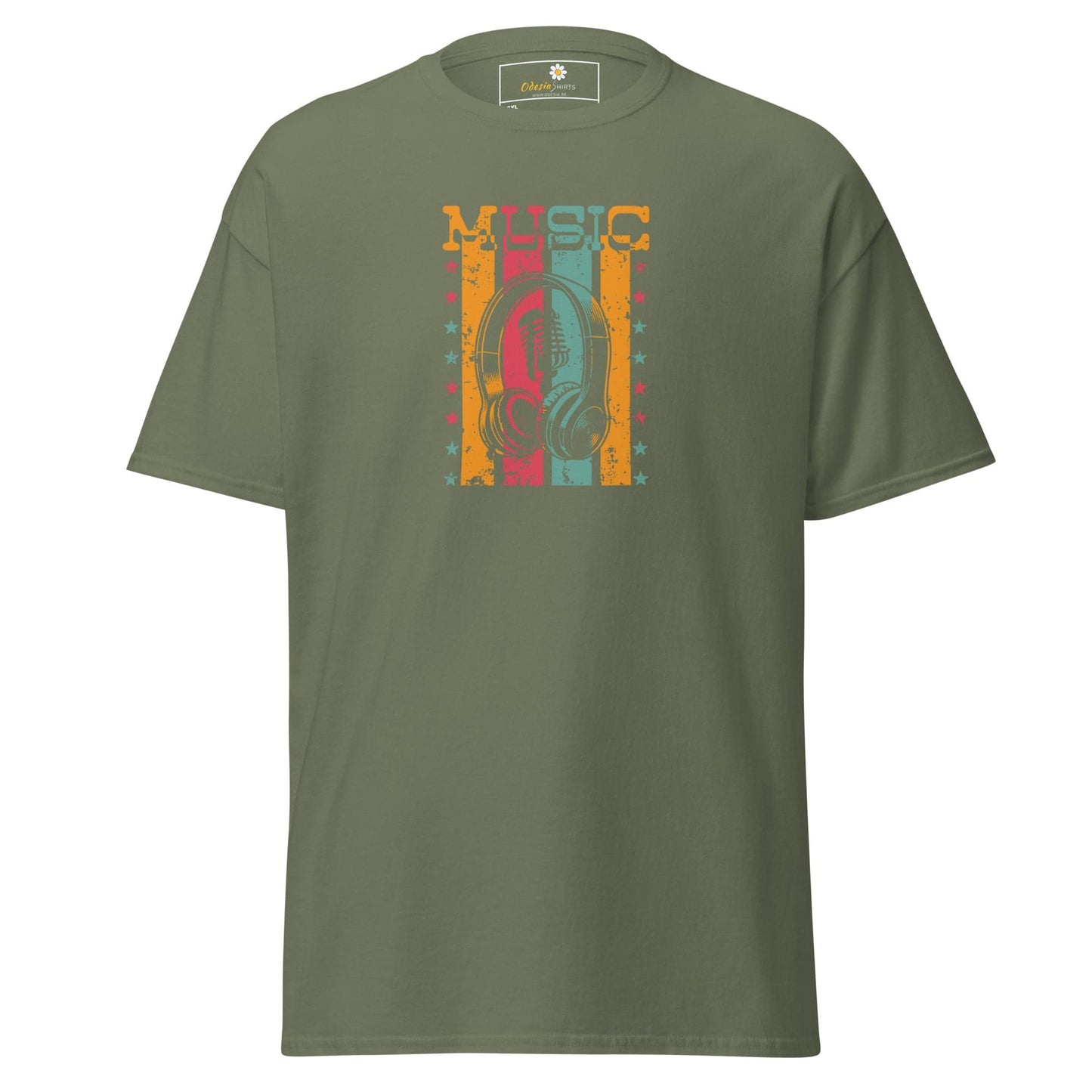Olive green T-shirt featuring a music graphic for men and women in 2XL to 5XL sizes