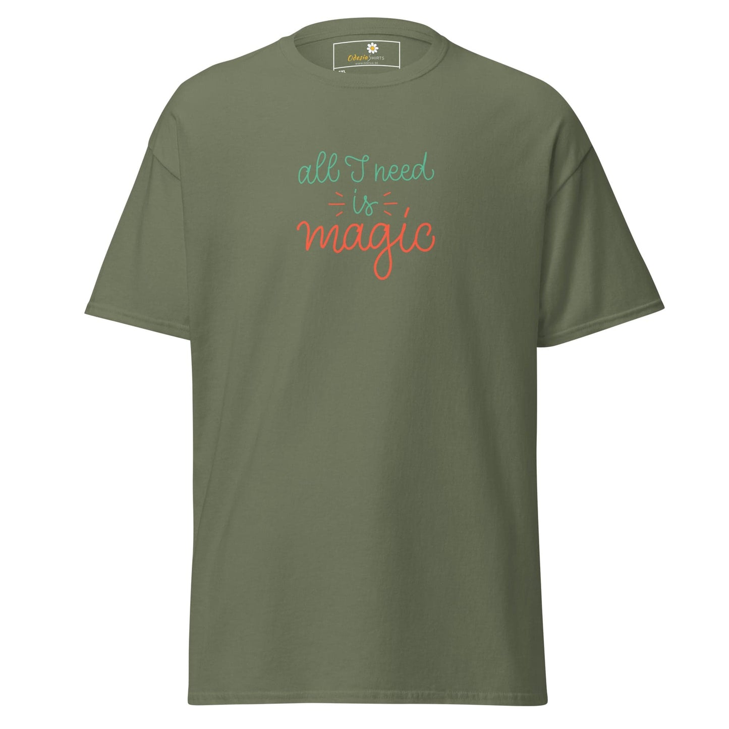 Olive green T-shirt with embroidered text shown in T-SHIRT DESIGN TEE for men and women