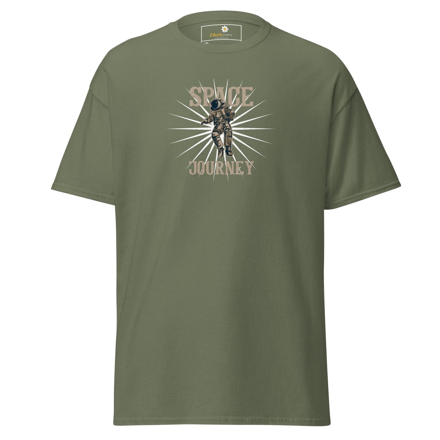Olive green T-shirt featuring an astronaut graphic for men and women in 2XL to 5XL sizes
