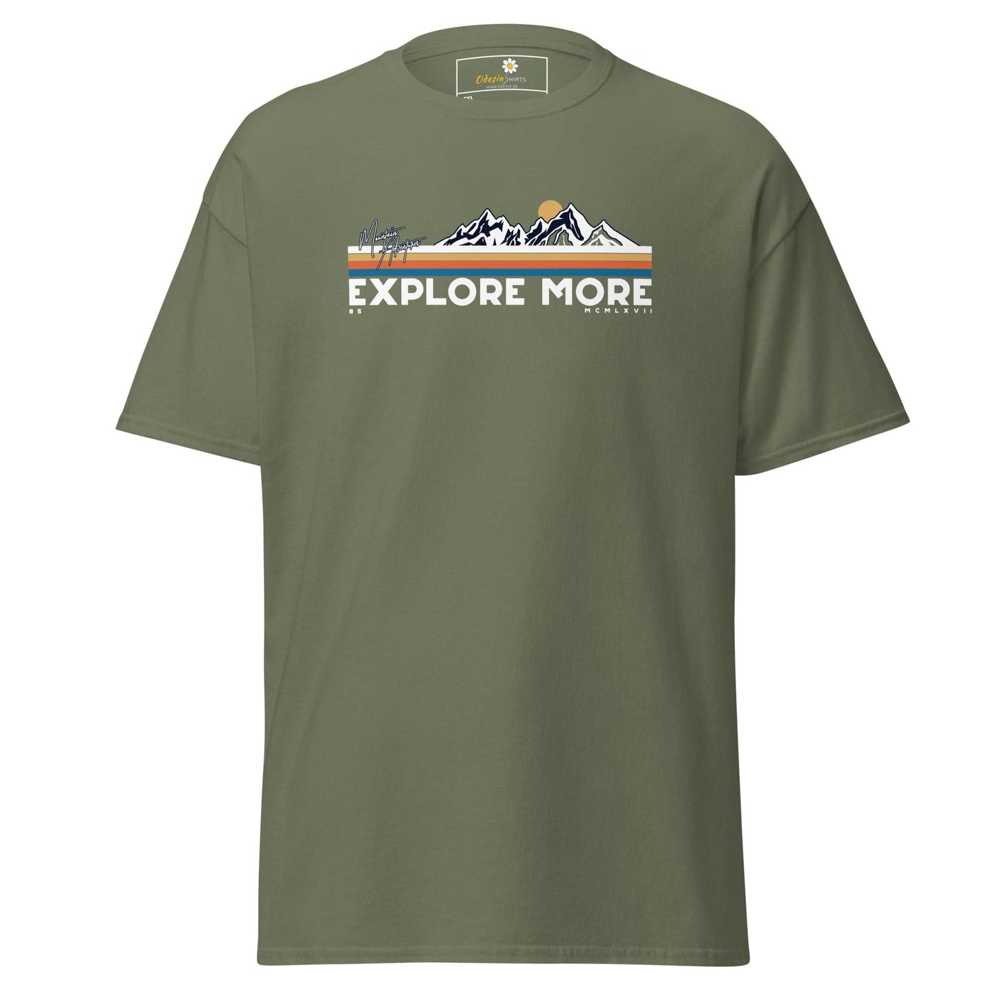 Olive green t-shirt with mountain graphic.