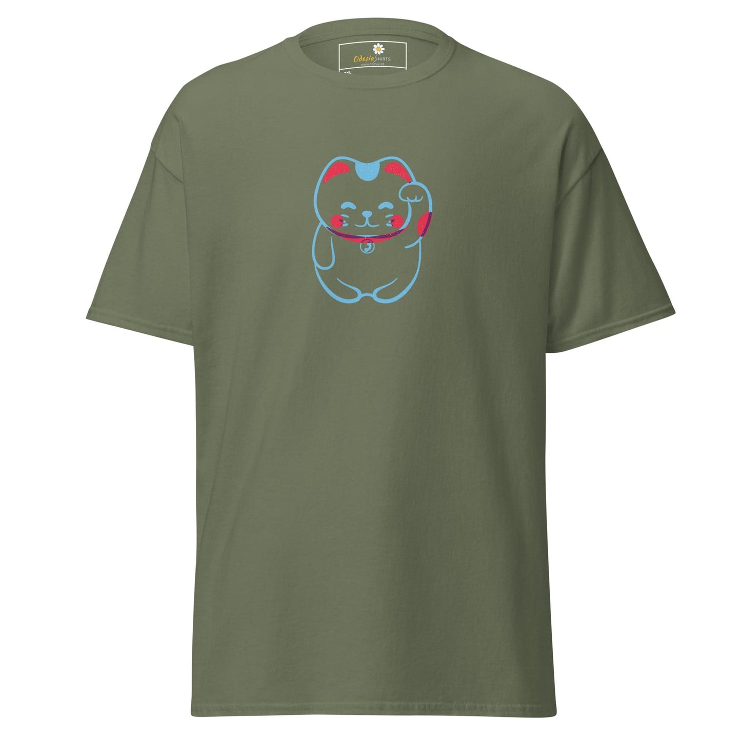 Olive green T-shirt with cartoon cat design, suitable for men and women in size 2XL to 5XL