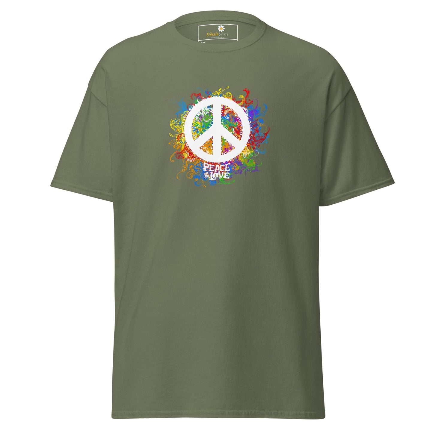 Olive green T-shirt with peace symbol, stylish unisex design in 2XL to 5XL sizes