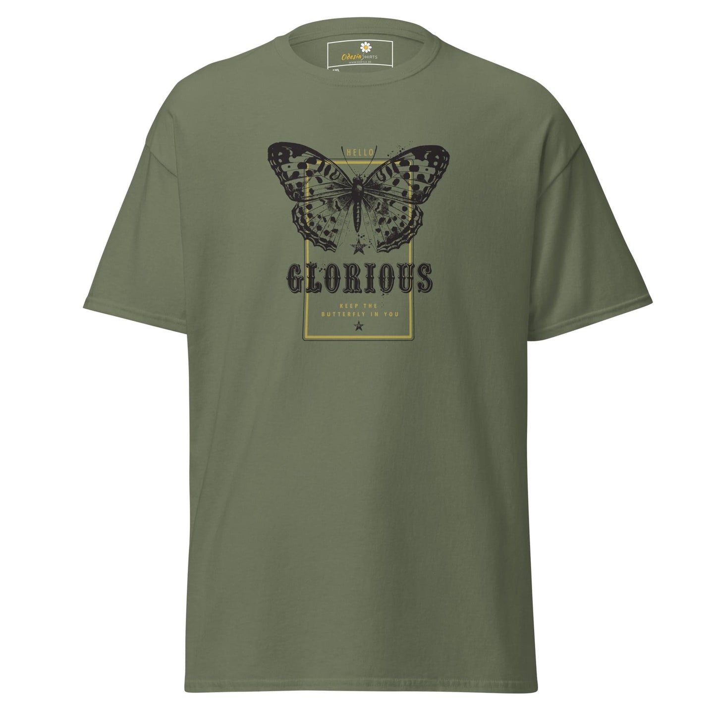 Olive green T-shirt with butterfly graphic from T-SHIRT DESIGN TEE for Men and Women