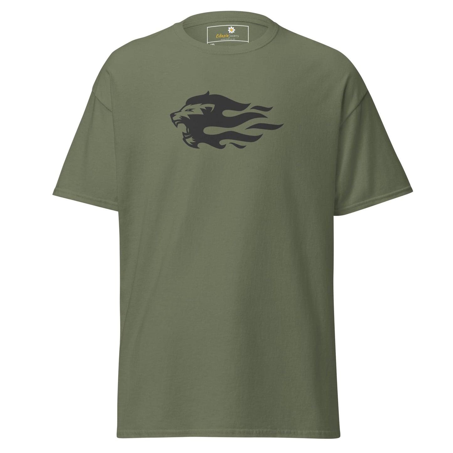 Olive green T-shirt with lion graphic for men and women in 2XL to 5XL sizes