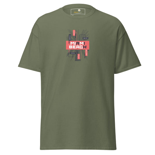 Olive green T-shirt with Miami Beach graphic displayed in T-SHIRT DESIGN TEE for men and women