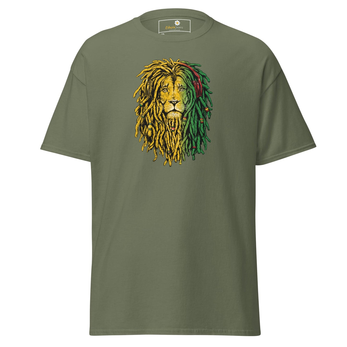 Olive green t-shirt with lion graphic.