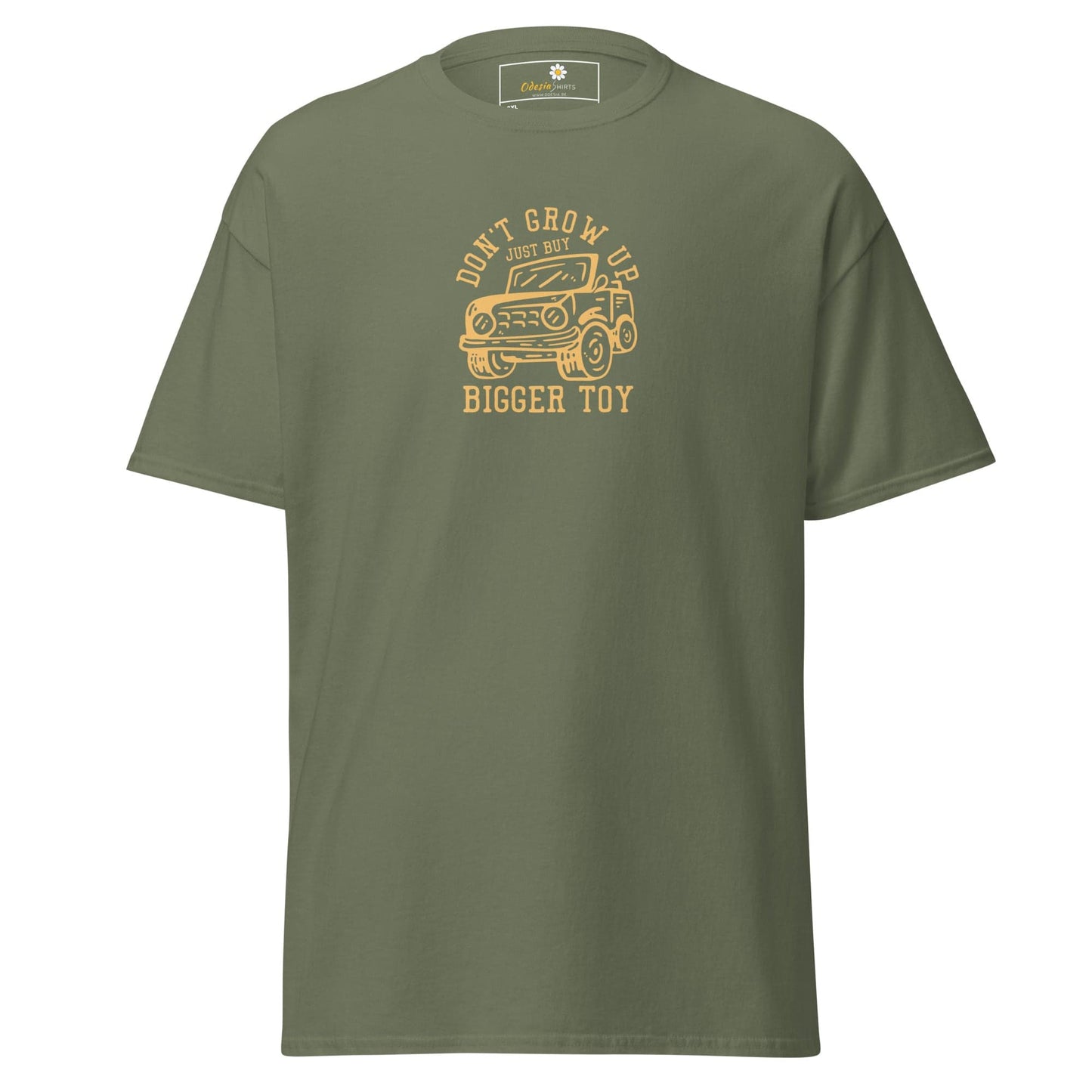 Olive green t-shirt with a car graphic.