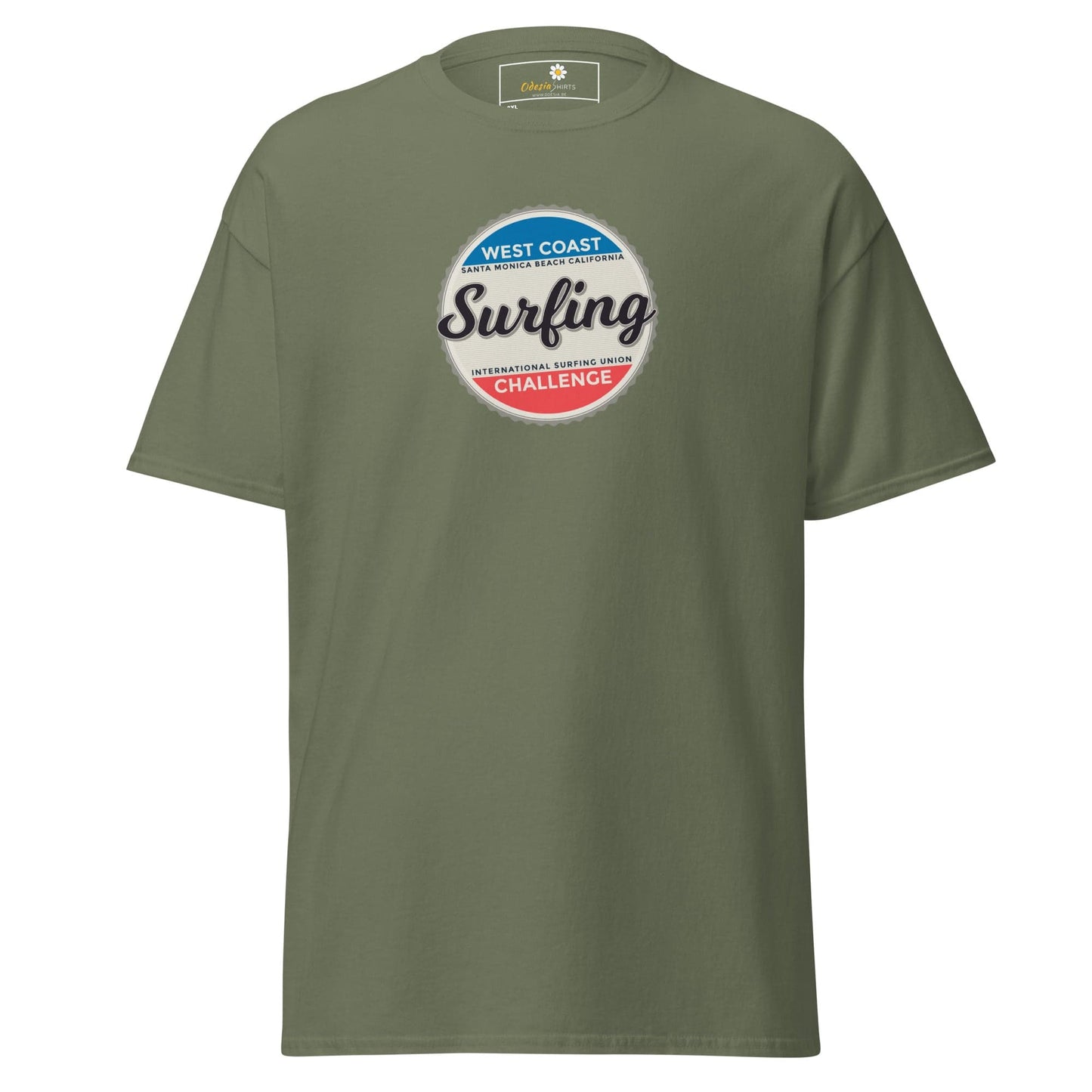 Olive green t-shirt with surfing graphic.