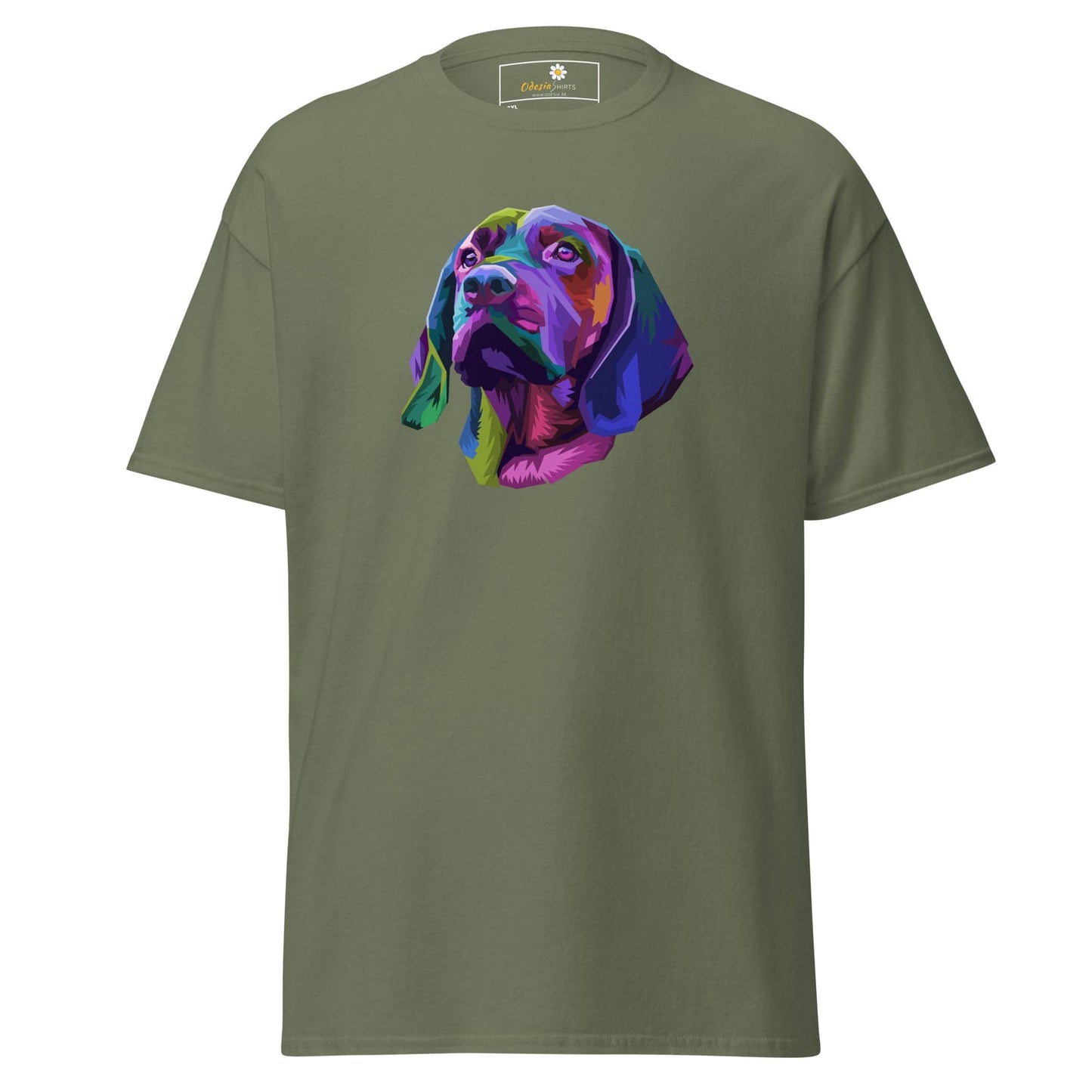 Olive green T-shirt with colorful dog graphic for men and women in 2XL to 5XL sizes