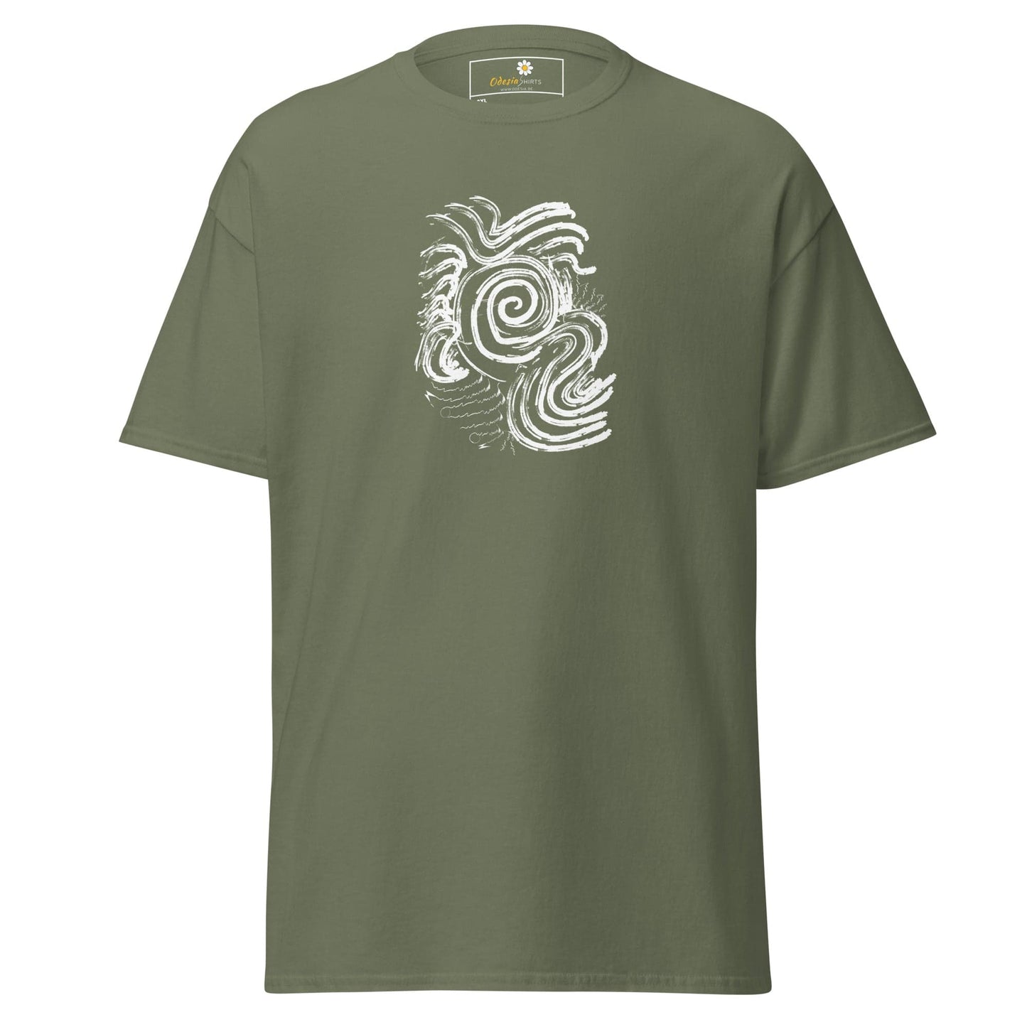 Olive green T-shirt with white abstract design for men and women in 2XL to 5XL