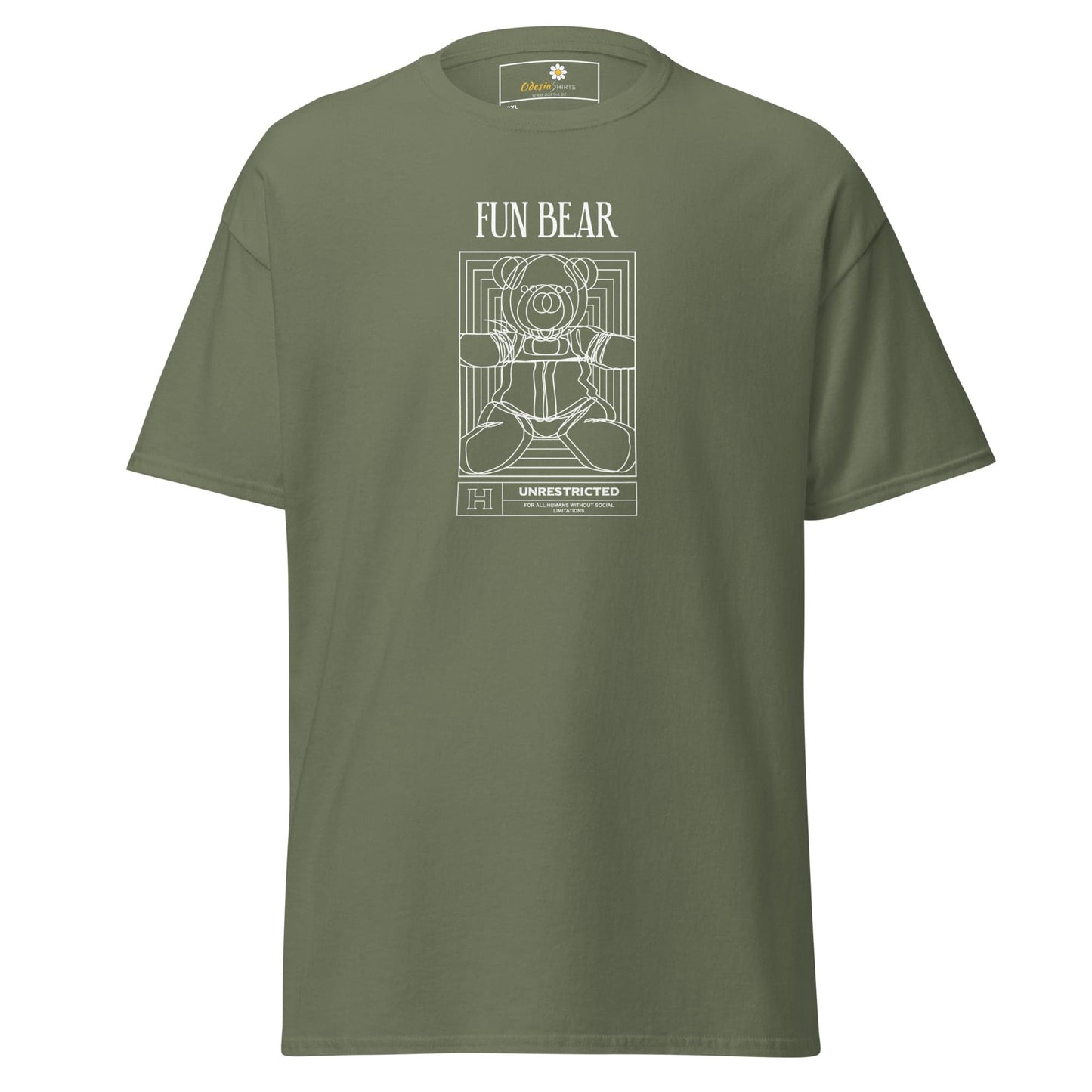 Olive green t-shirt with a bear graphic.