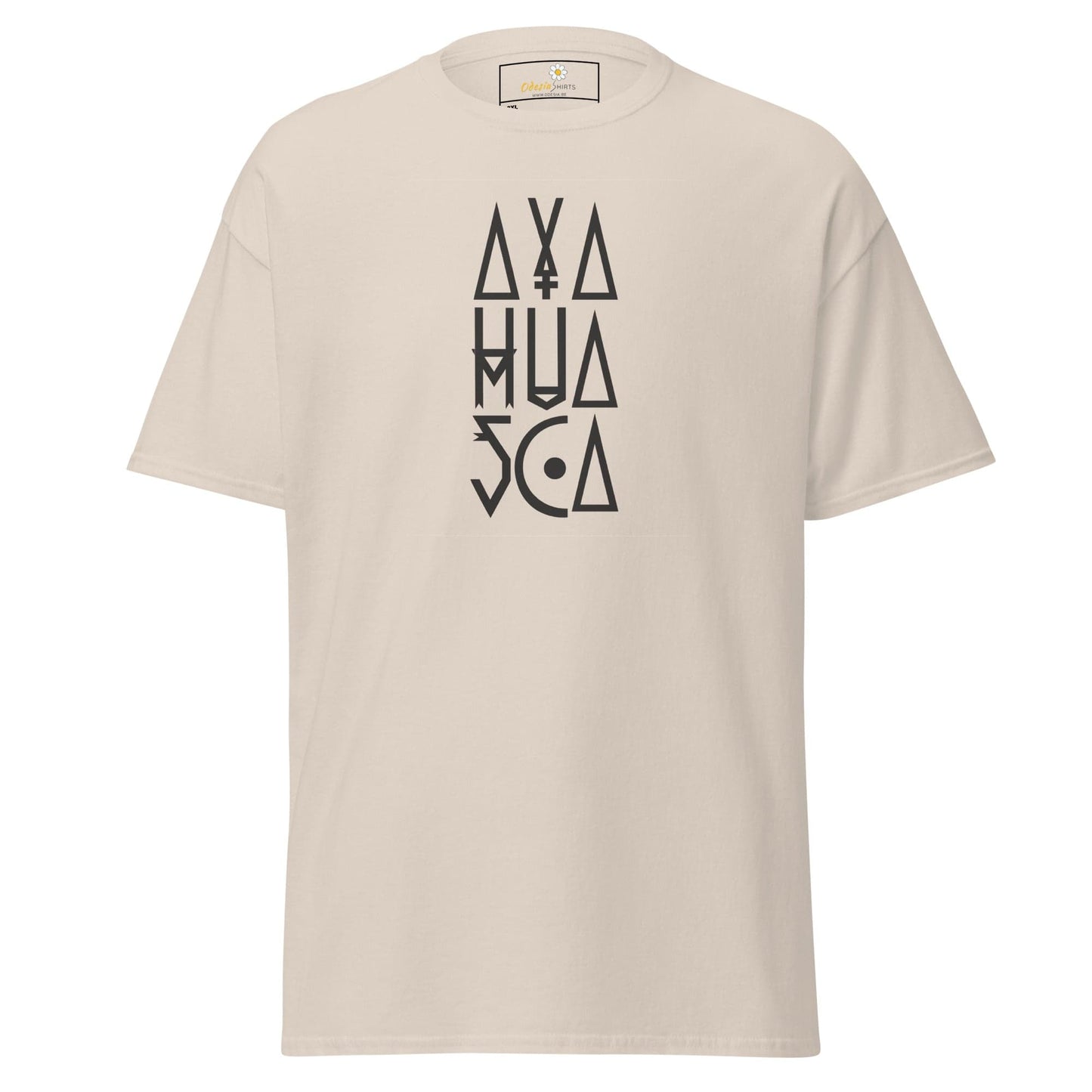 Beige t-shirt with black geometric text.