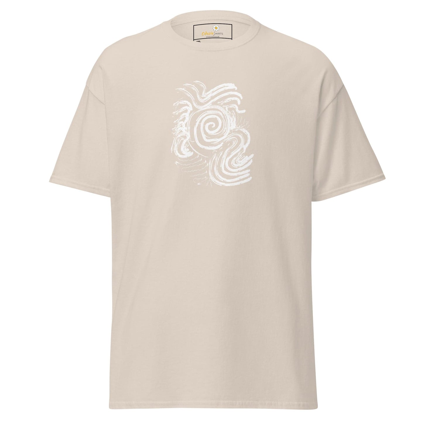 Beige T-shirt with white swirl design, available in 2XL to 5XL for men and women