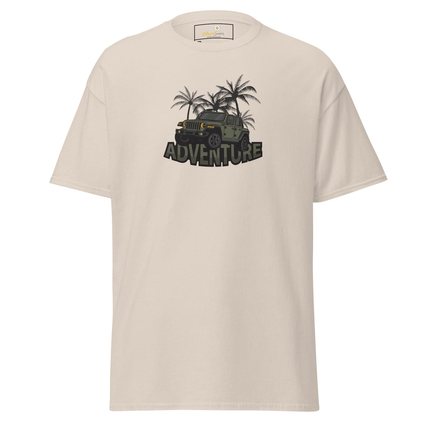 Beige T-shirt with adventure Jeep graphic for men and women in 2XL to 5XL sizes