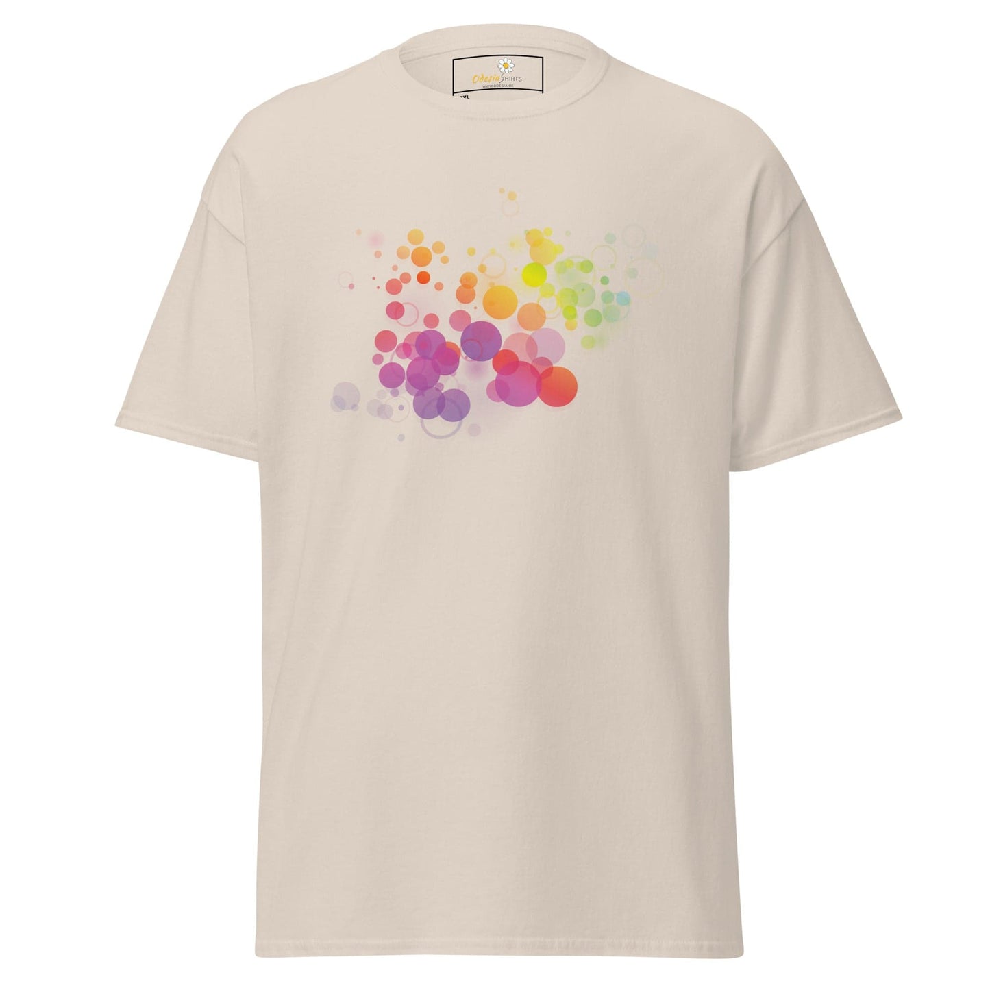 Beige T-shirt with colorful circle designs, suitable for men and women sizes 2XL to 5XL