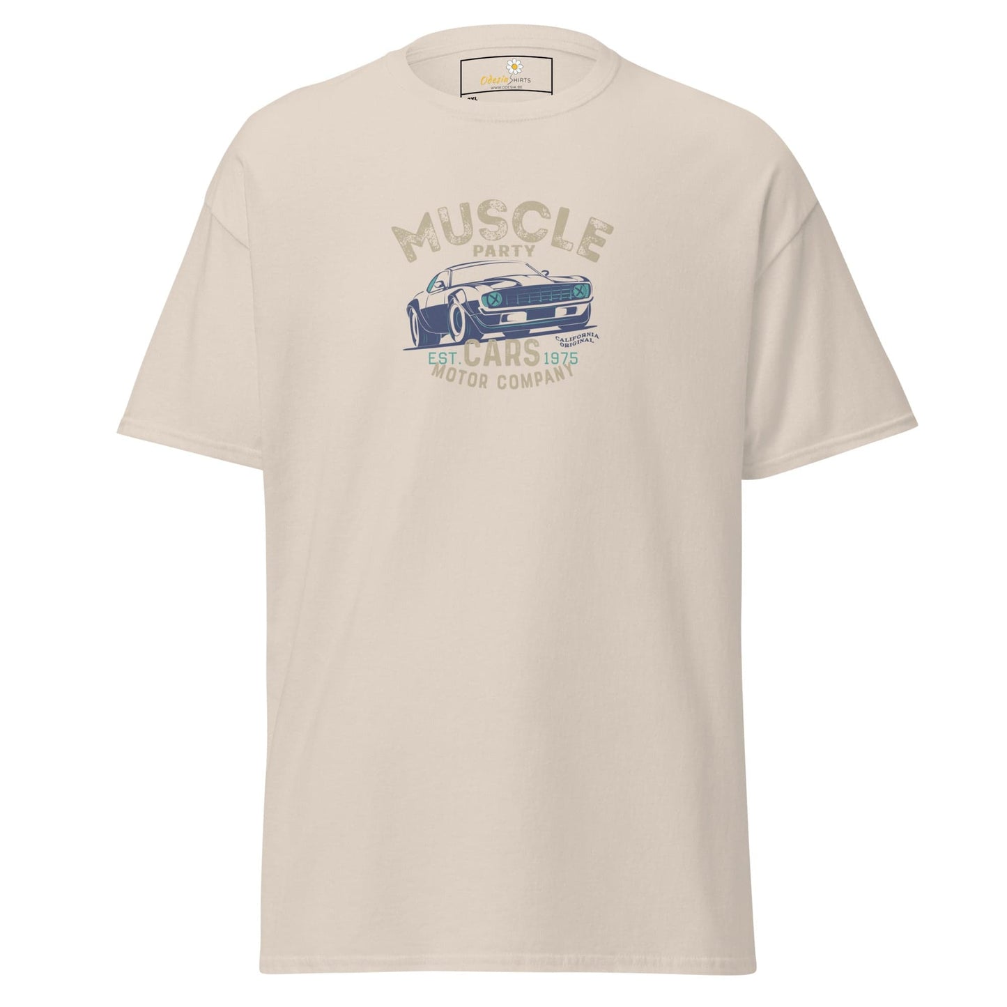 Beige t-shirt with car graphic.