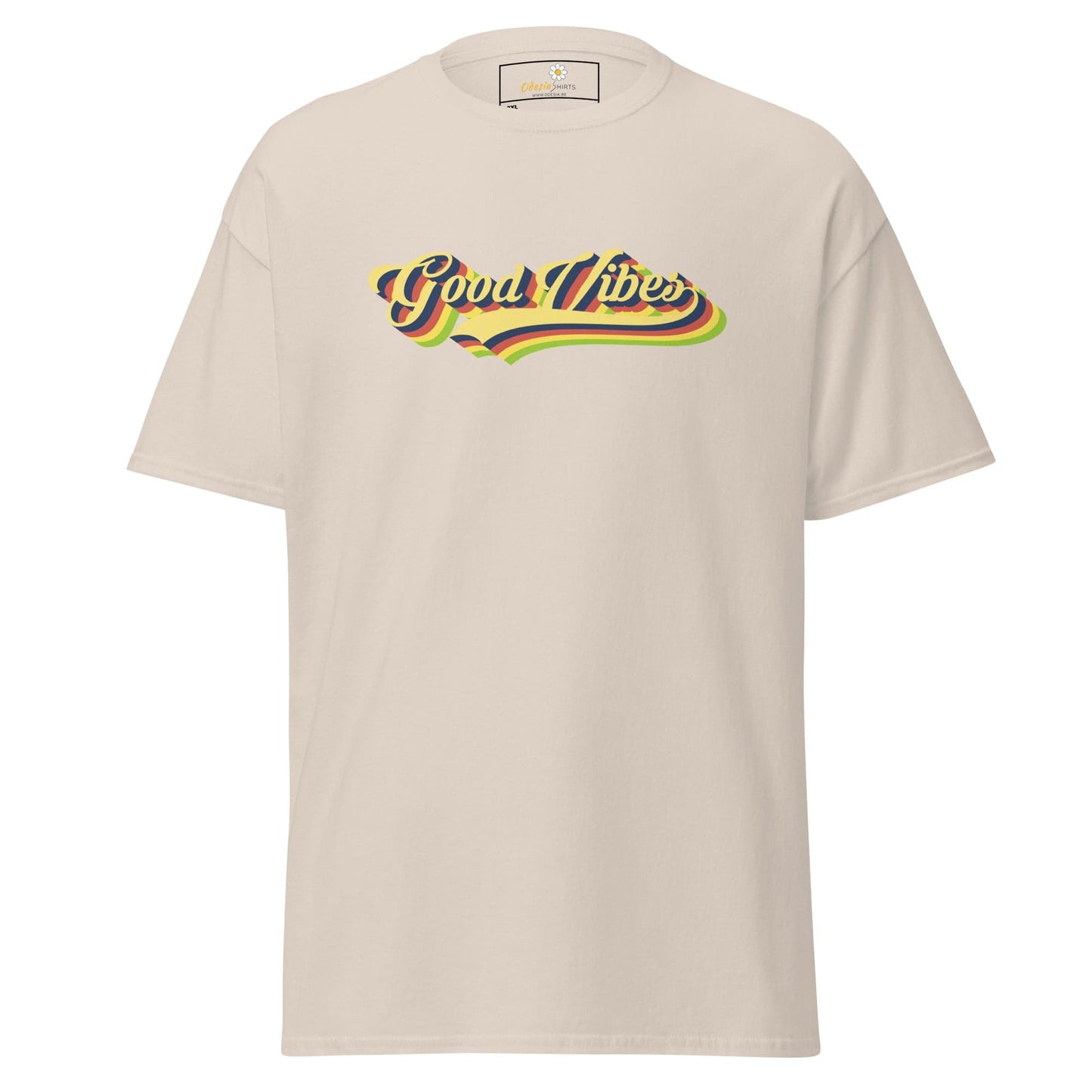 Beige t-shirt with ’Good Vibes’ graphic.