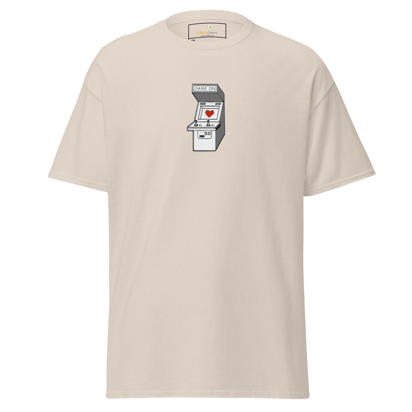 Beige T-shirt with arcade game graphic for men and women in 2XL to 5XL sizes